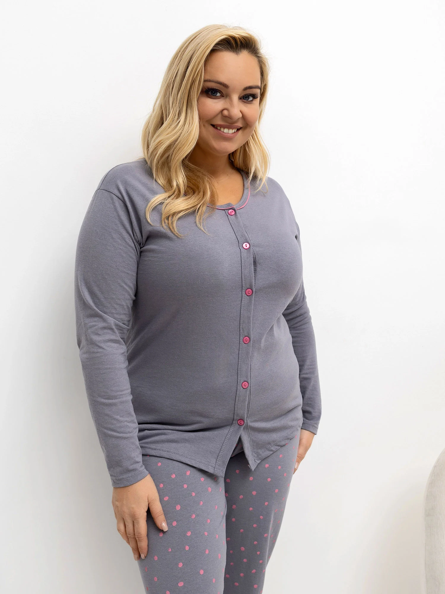Pijama Dama Maneca lunga, Buline, Forever Pink, Gri Marimi Mari - imagine 2