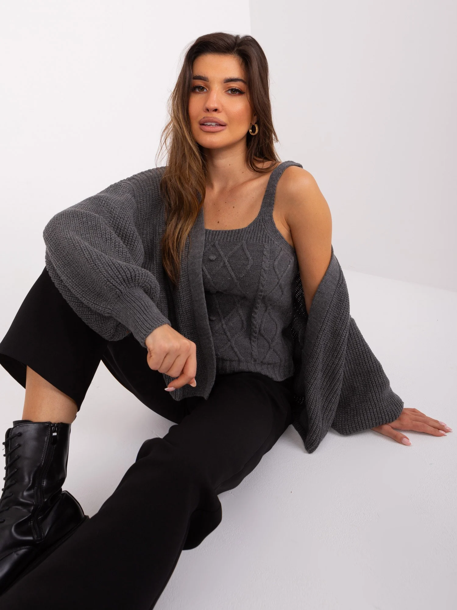 Compleu Dama Maneca lunga, Guler inalt, BADU, Gri Eleganta Office - imagine 8