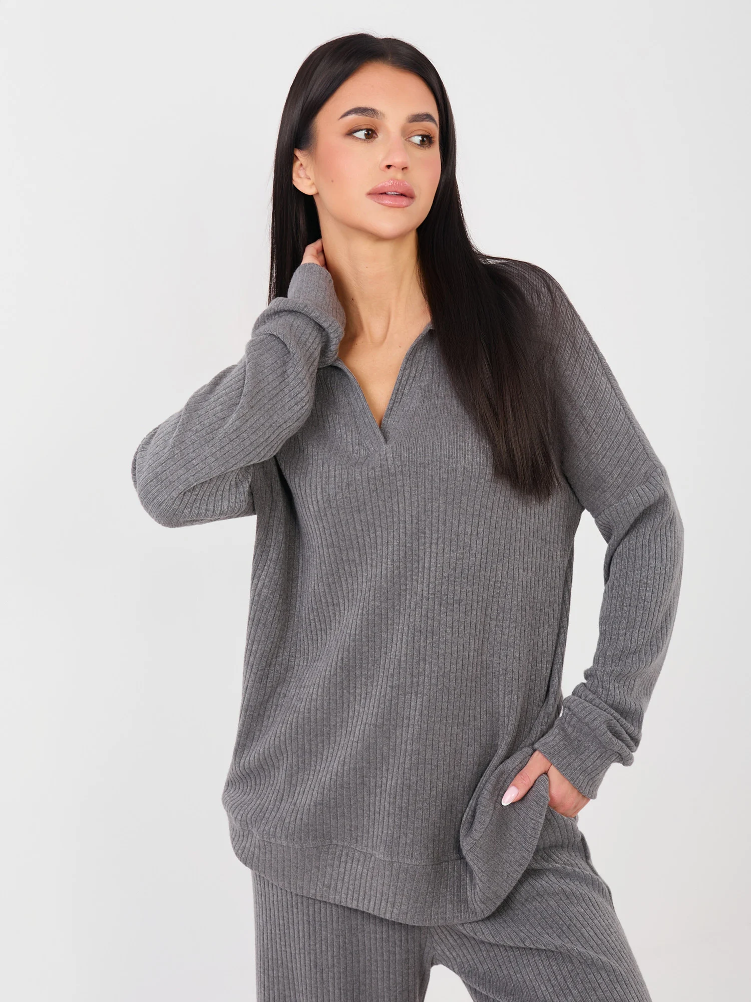 Compleu Dama Maneca lunga, Dungi, LAKERTA, Gri Casual - imagine 6