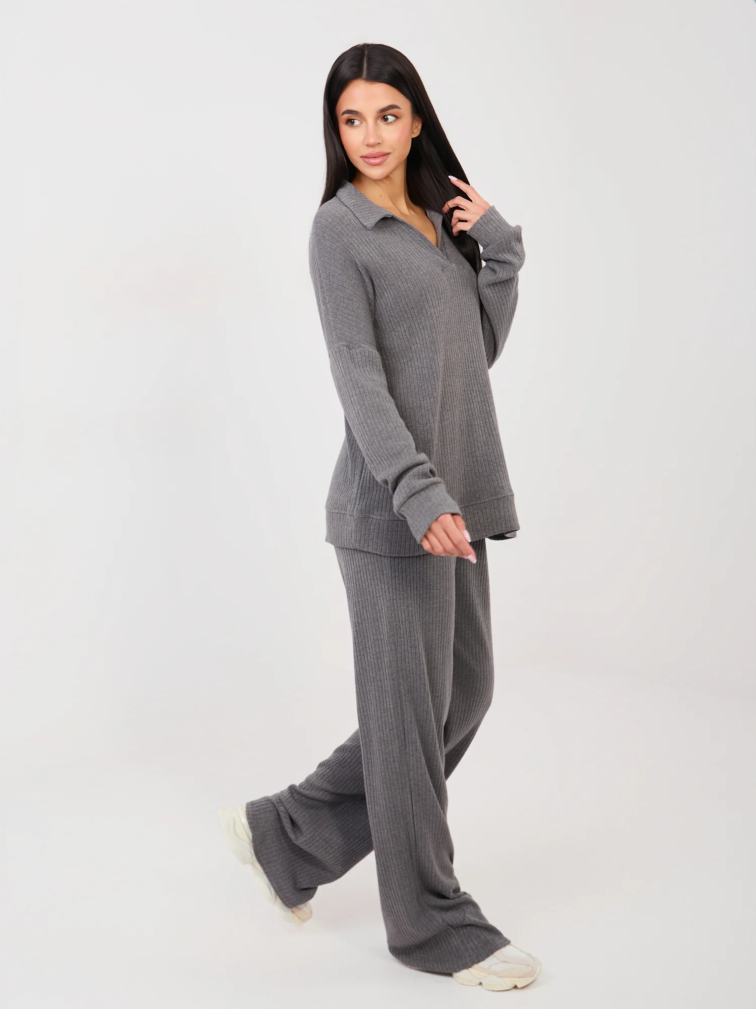 Compleu Dama Maneca lunga, Dungi, LAKERTA, Gri Casual - imagine 4