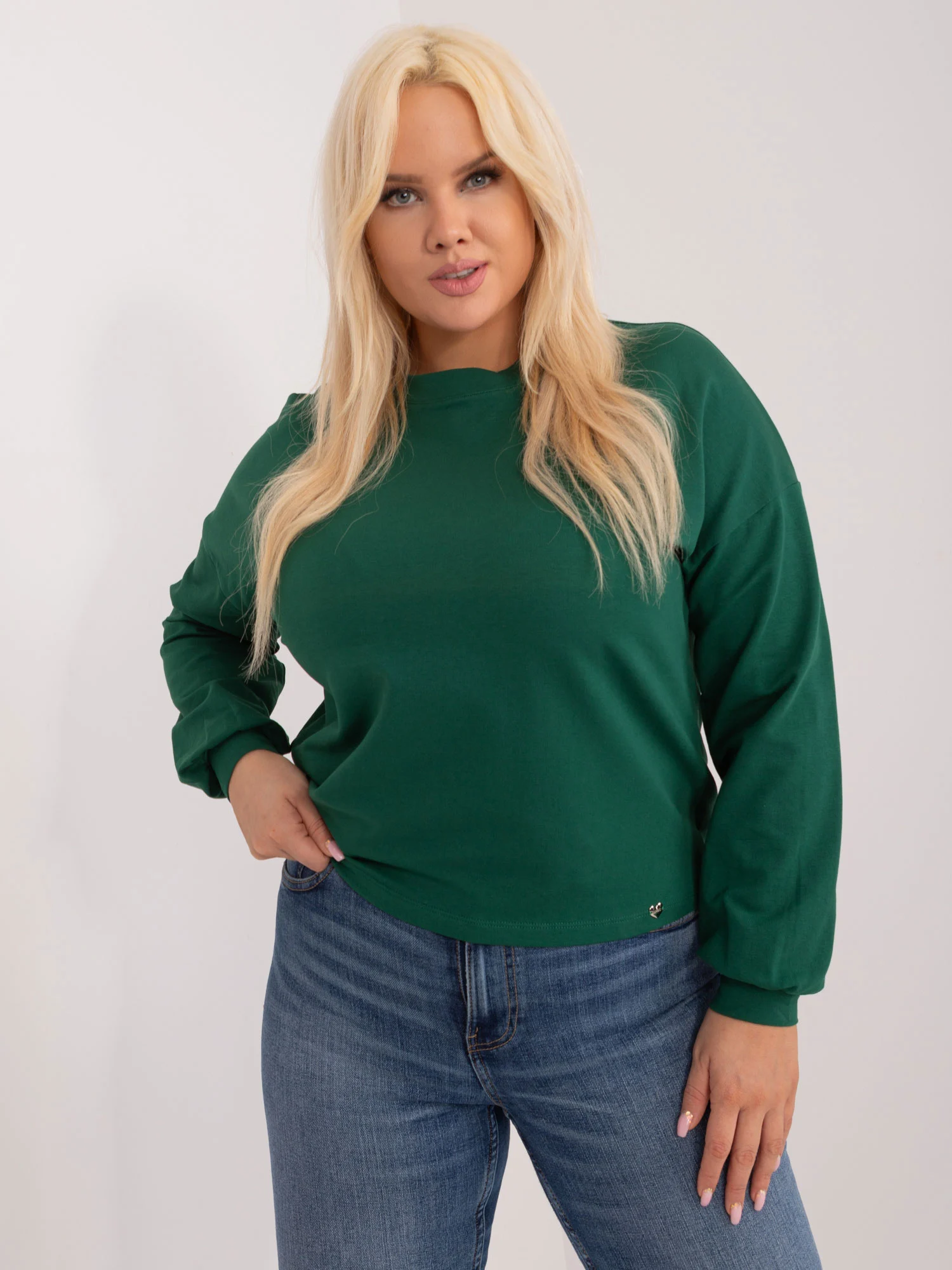 Hanorac Dama Maneca lunga, Decolteu rotund, BASIC FEEL GOOD, Verde Casual Marimi Mari - imagine 3