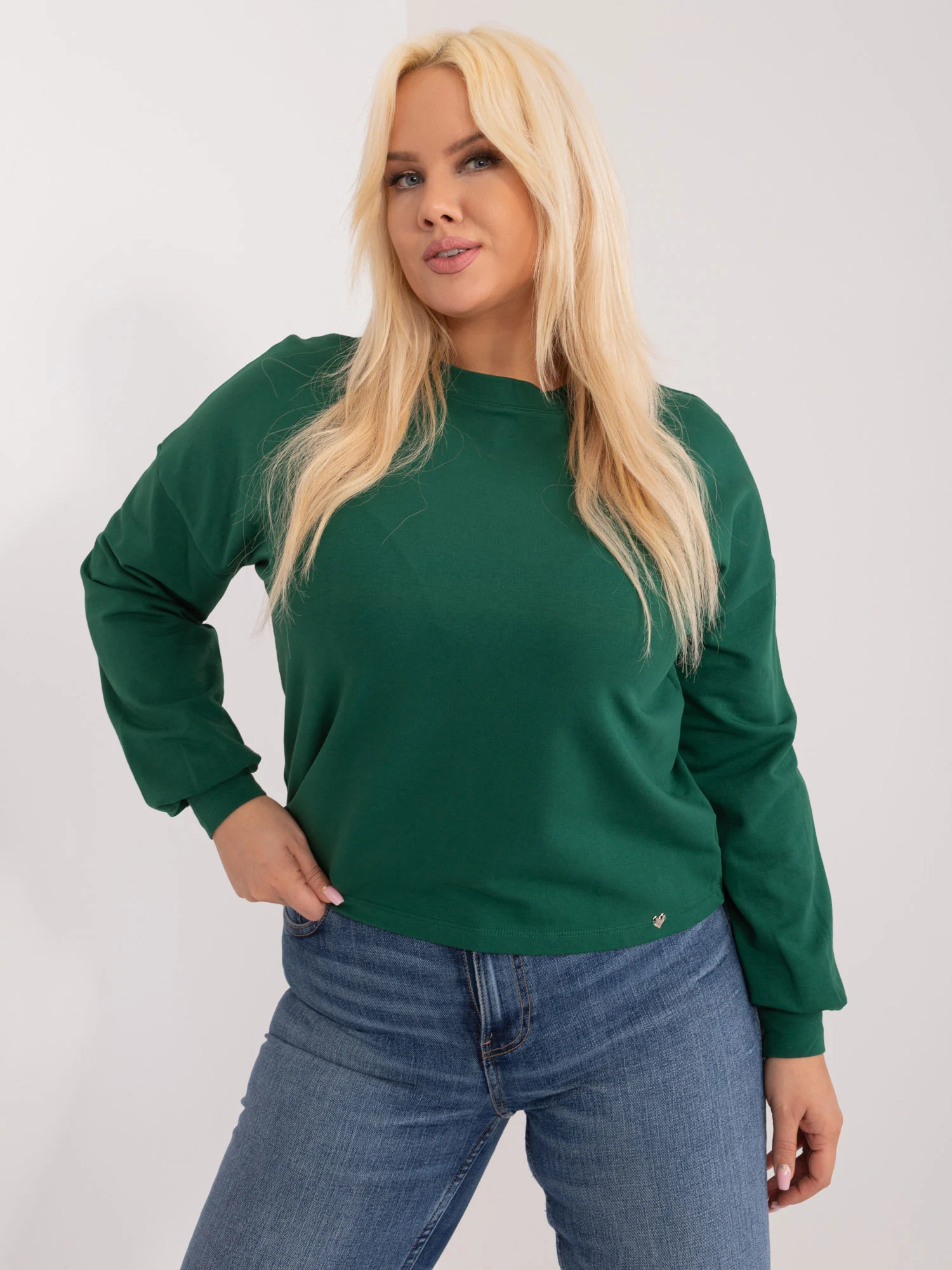 Hanorac Dama Maneca lunga, Decolteu rotund, BASIC FEEL GOOD, Verde Casual Marimi Mari - imagine 5