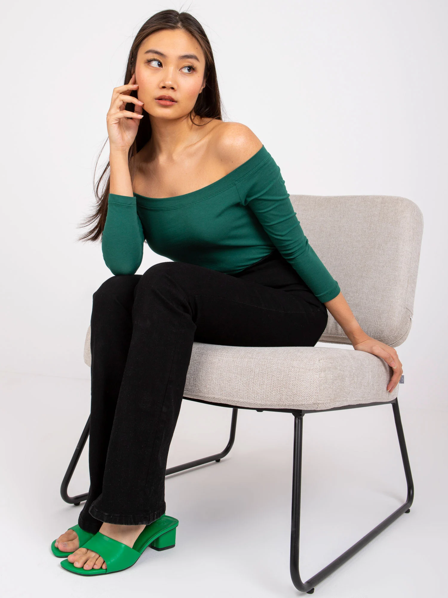 Bluza Dama Maneca 3/4, Clasic, BASIC FEEL GOOD, Verde Casual - imagine 2