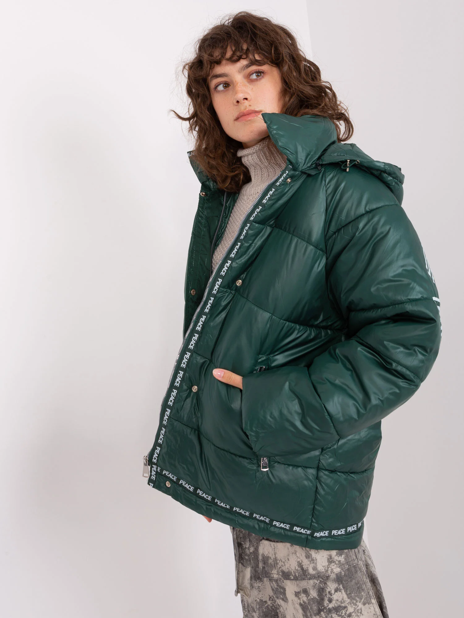 Jacheta Dama Maneca lunga, Guler inalt, Trendy. ING, Verde Casual - imagine 4