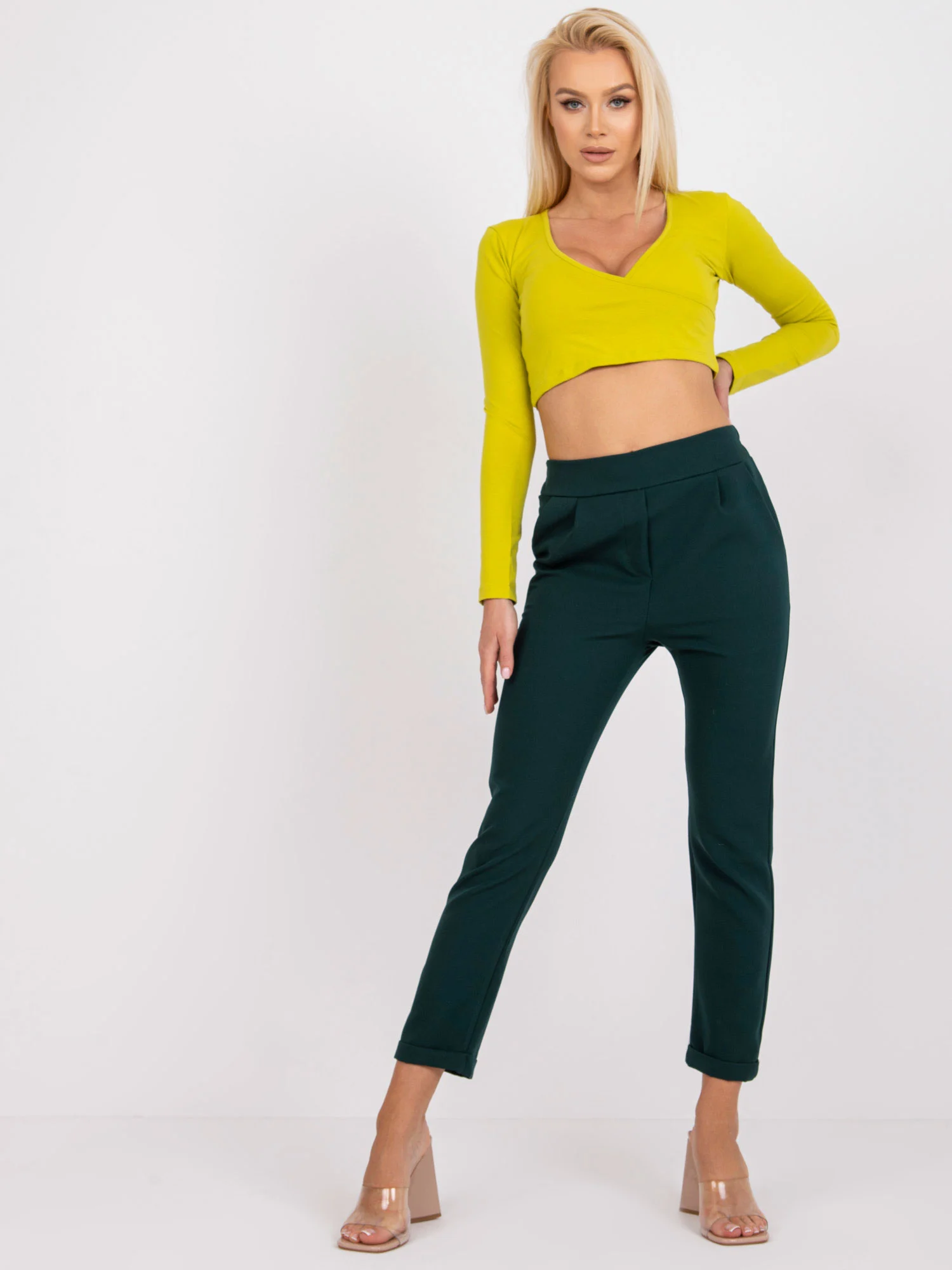 Pantaloni Dama Lunga, Elegant, ITALY MODA, Verde Eleganta Office Marimi Mari - imagine 2
