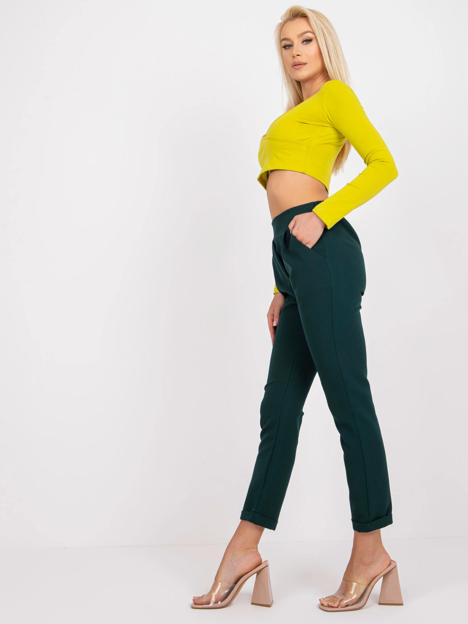 Pantaloni Dama Lunga, Elegant, ITALY MODA, Verde Eleganta Office Marimi Mari - imagine 6