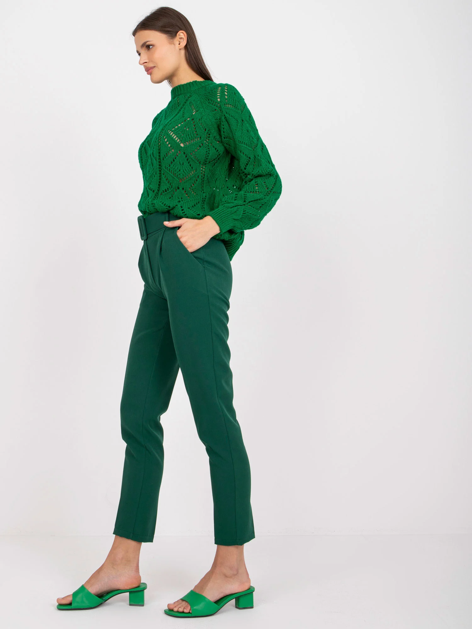 Pantaloni Dama Elegant, Guler inalt, ITALY MODA, Verde Eleganta Office Marimi Mari - imagine 3