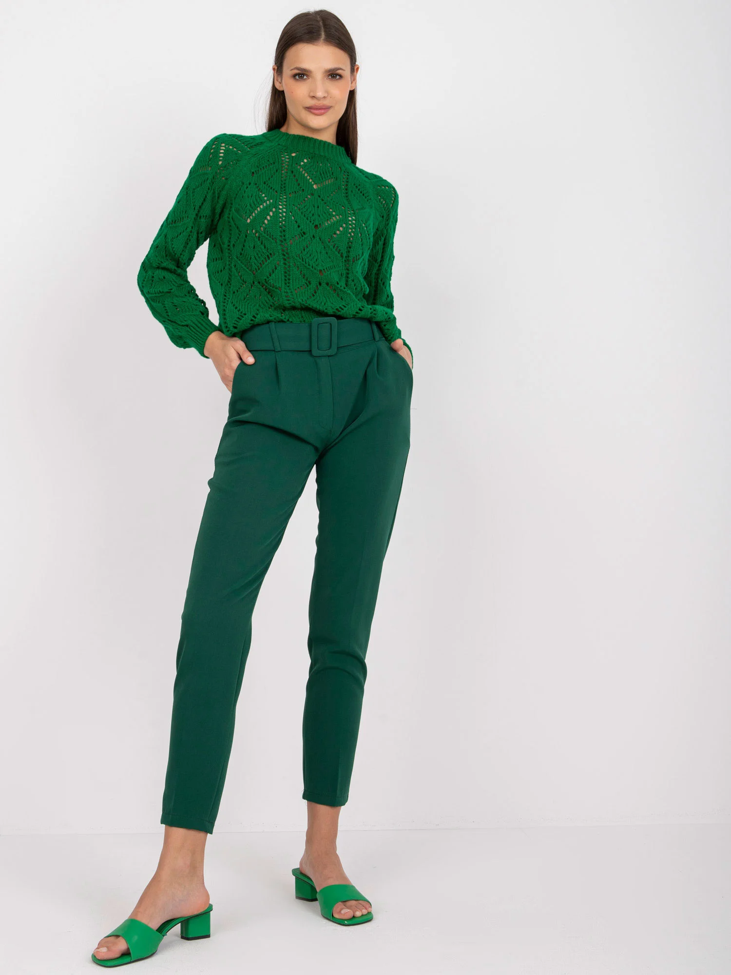 Pantaloni Dama Elegant, Guler inalt, ITALY MODA, Verde Eleganta Office Marimi Mari - imagine 2