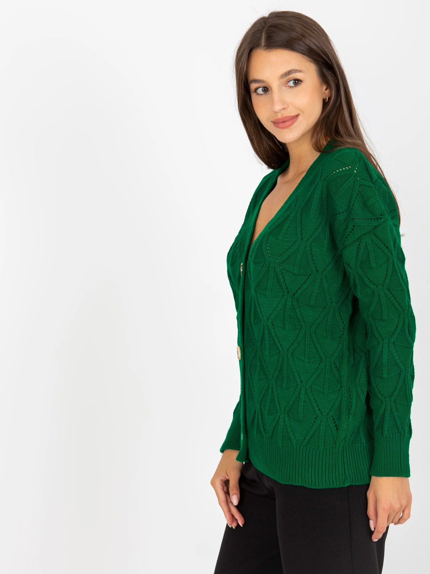 Pulover Dama Geometric, Decolteu in V, RUE PARIS, Verde Eleganta Office - Image 4