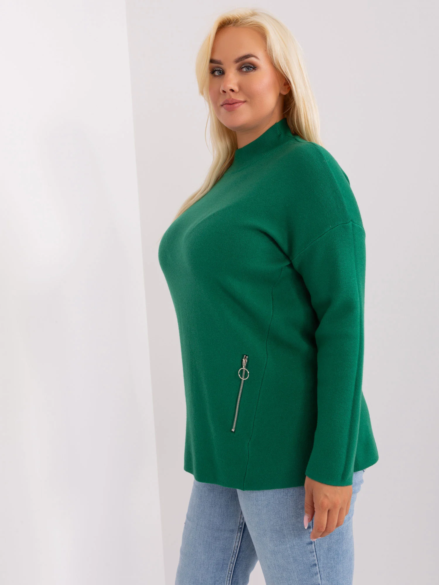 Pulover Dama Maneca lunga, Guler inalt, P-M, Verde Eleganta Office - imagine 5
