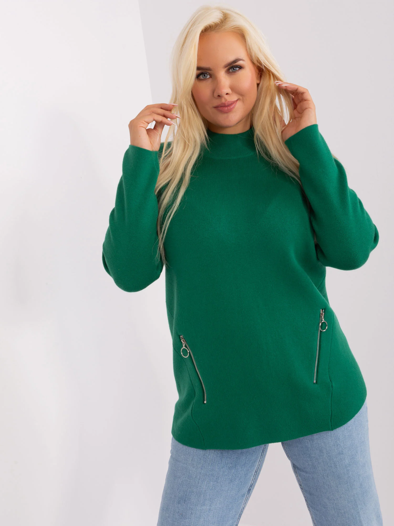 Pulover Dama Maneca lunga, Guler inalt, P-M, Verde Eleganta Office - imagine 6