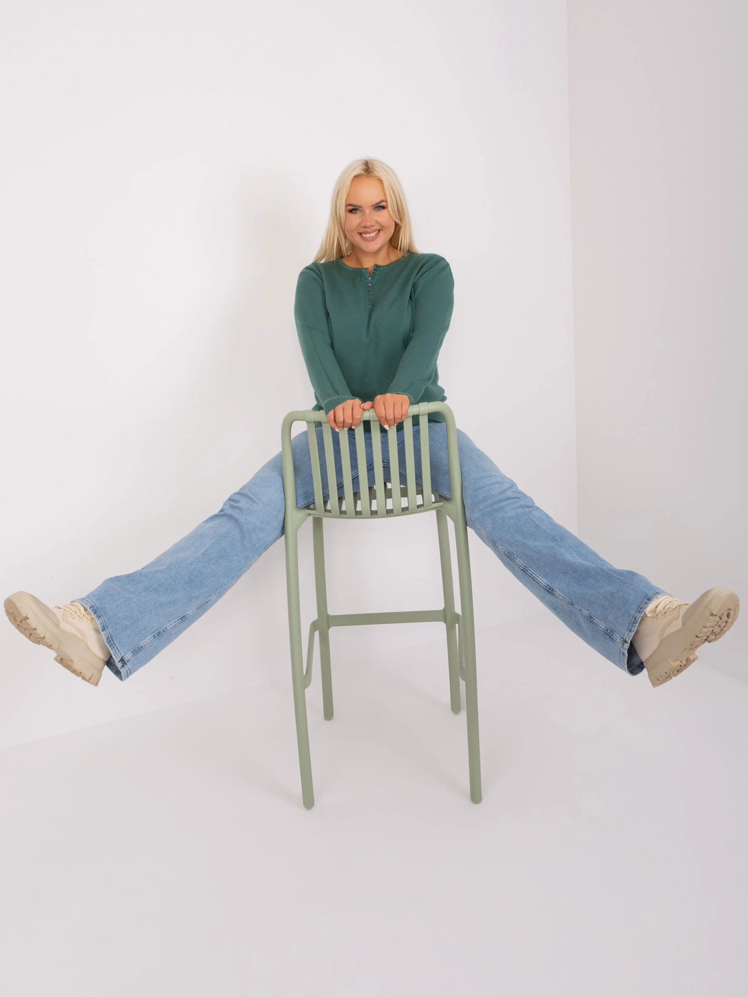 Pulover Dama Maneca lunga, Guler inalt, P-M, Verde Eleganta Office - imagine 6