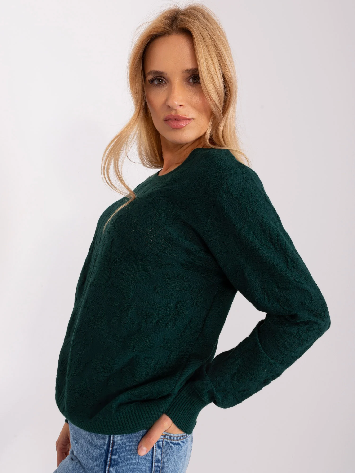 Pulover Dama Maneca lunga, Decolteu rotund, Wool Fashion Italia, Verde Eleganta Office - imagine 3