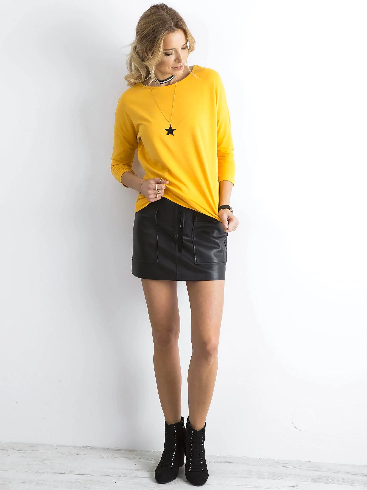 Bluza Dama Maneca 3/4, Decolteu barcuta, BASIC FEEL GOOD, Galben Casual - imagine 2
