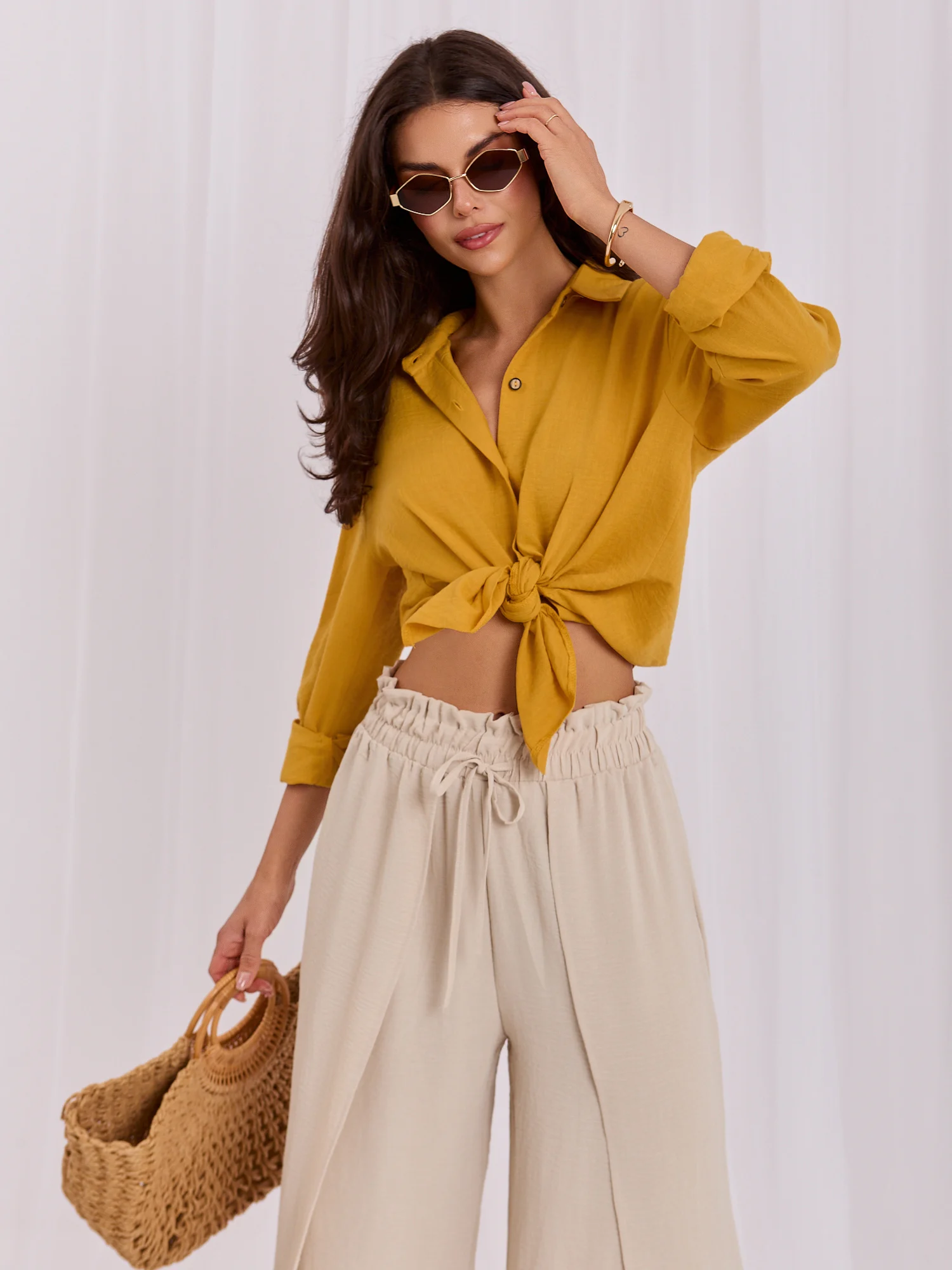 Camasa Dama Guler inalt, Bumbac, LAKERTA, Galben Eleganta Office - imagine 4