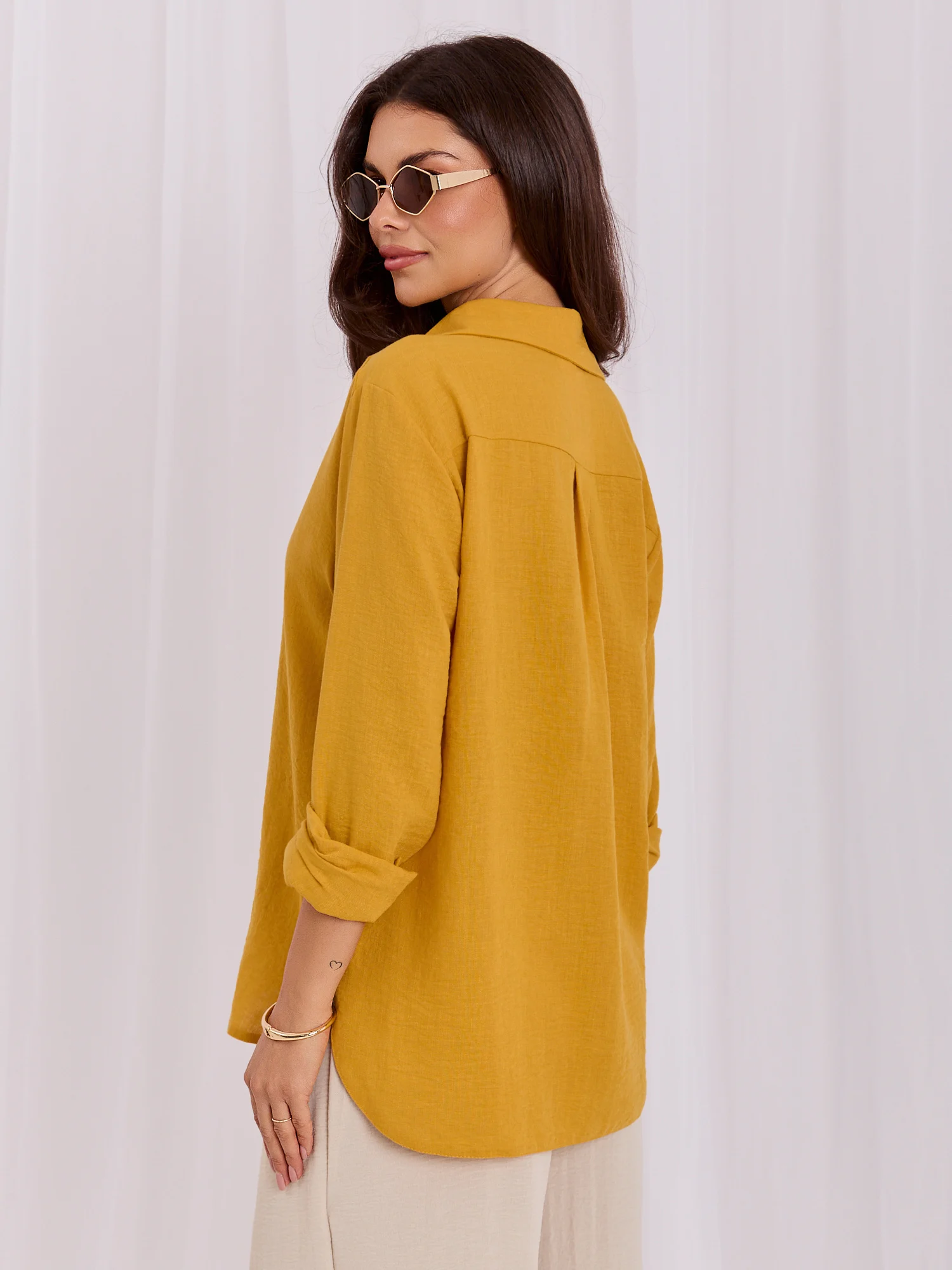 Camasa Dama Guler inalt, Bumbac, LAKERTA, Galben Eleganta Office - imagine 7