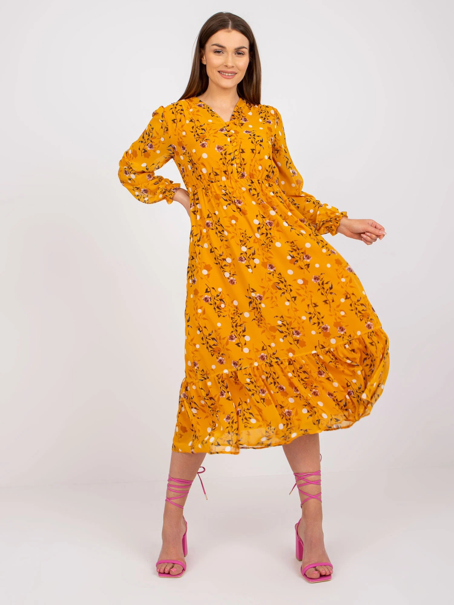 Rochie Dama Maxi, Floral, RUE PARIS, Galben Eleganta Office Marimi Mari - Image 3