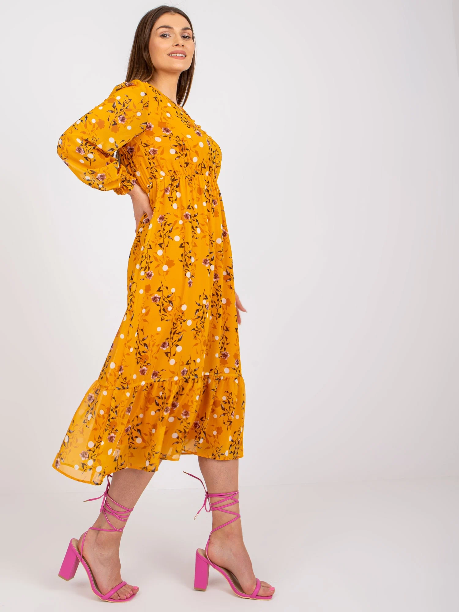 Rochie Dama Maxi, Floral, RUE PARIS, Galben Eleganta Office Marimi Mari - Image 6