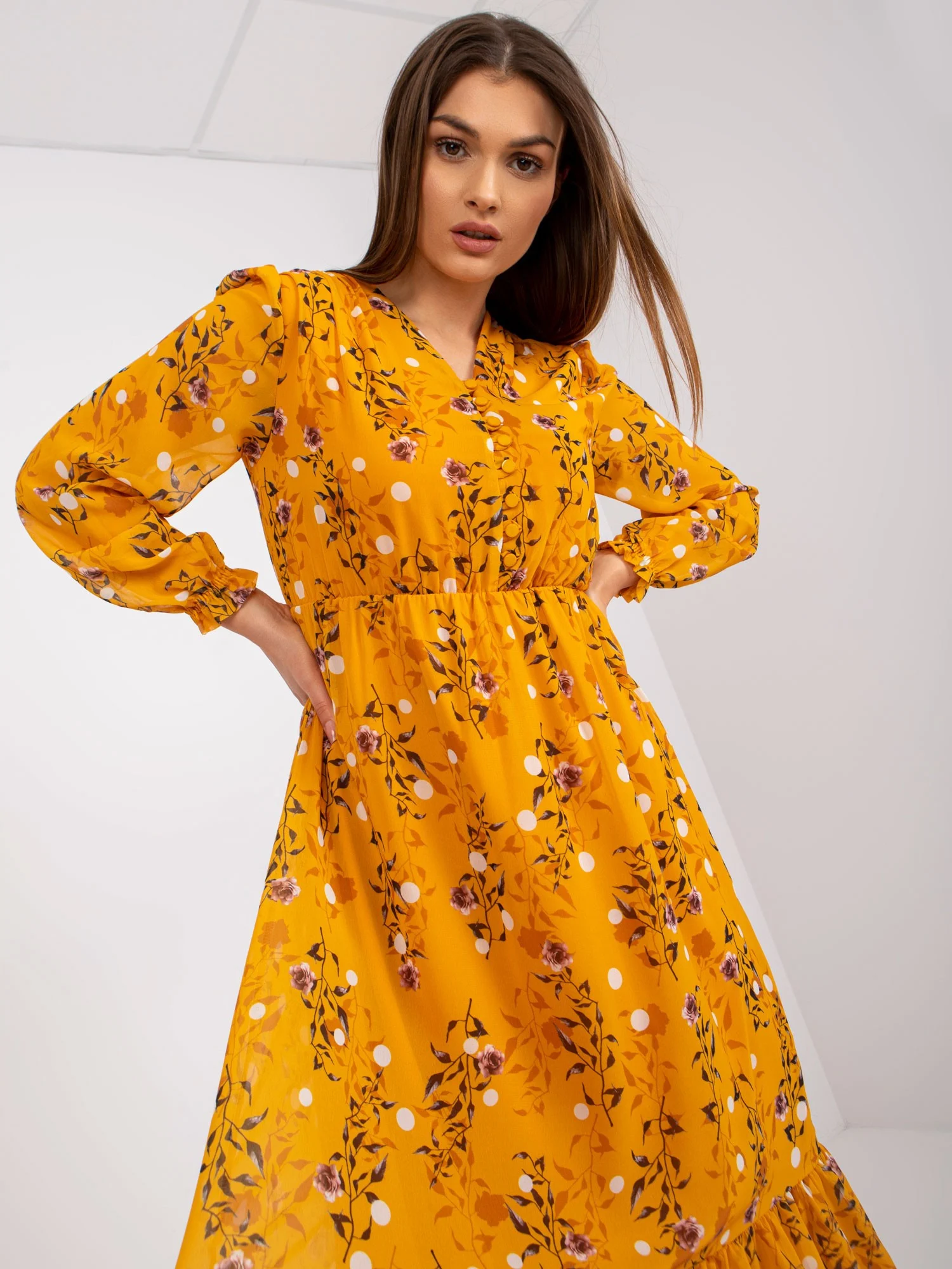 Rochie Dama Maxi, Floral, RUE PARIS, Galben Eleganta Office Marimi Mari - Image 5