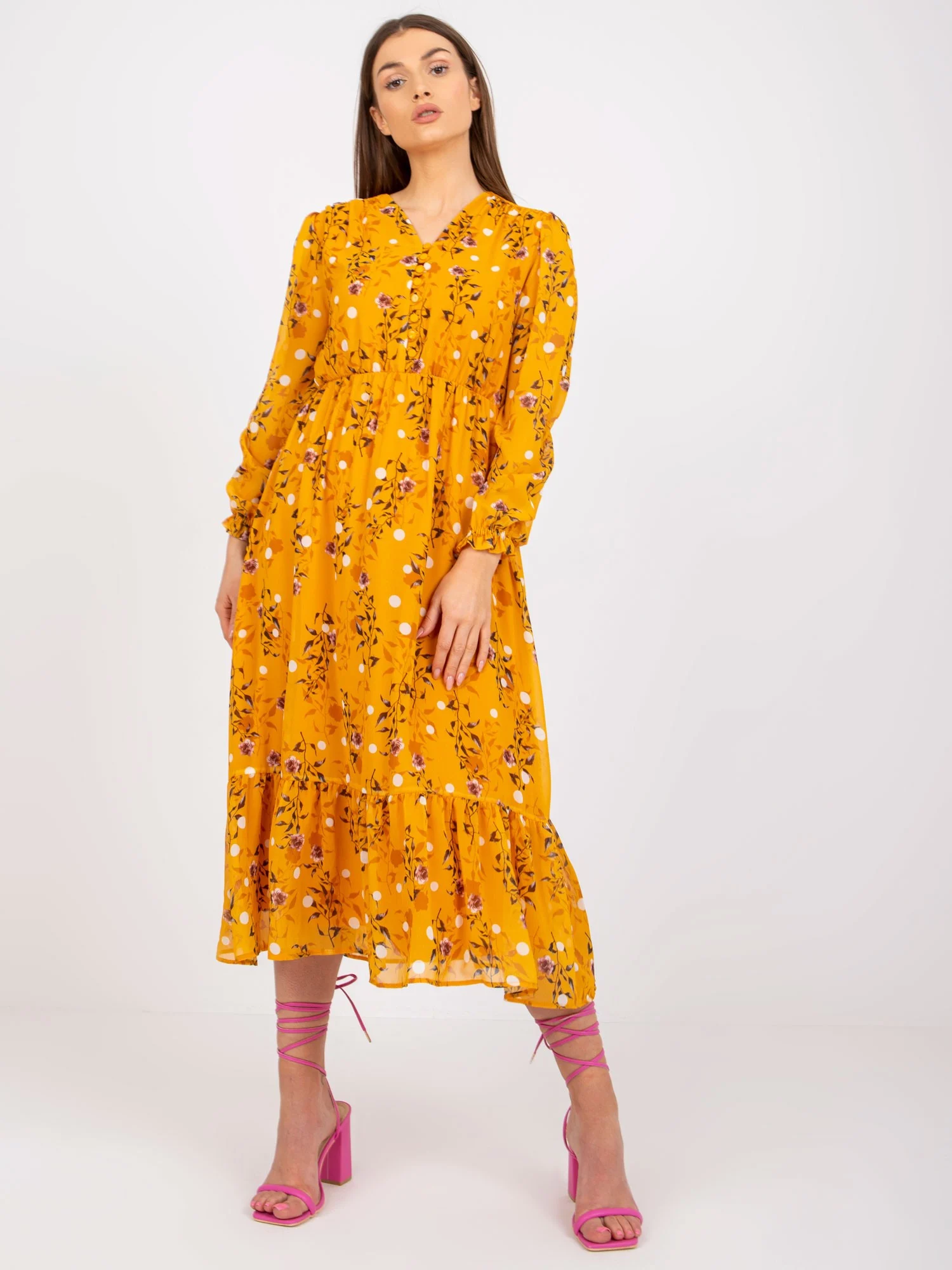 Rochie Dama Maxi, Floral, RUE PARIS, Galben Eleganta Office Marimi Mari - Image 4