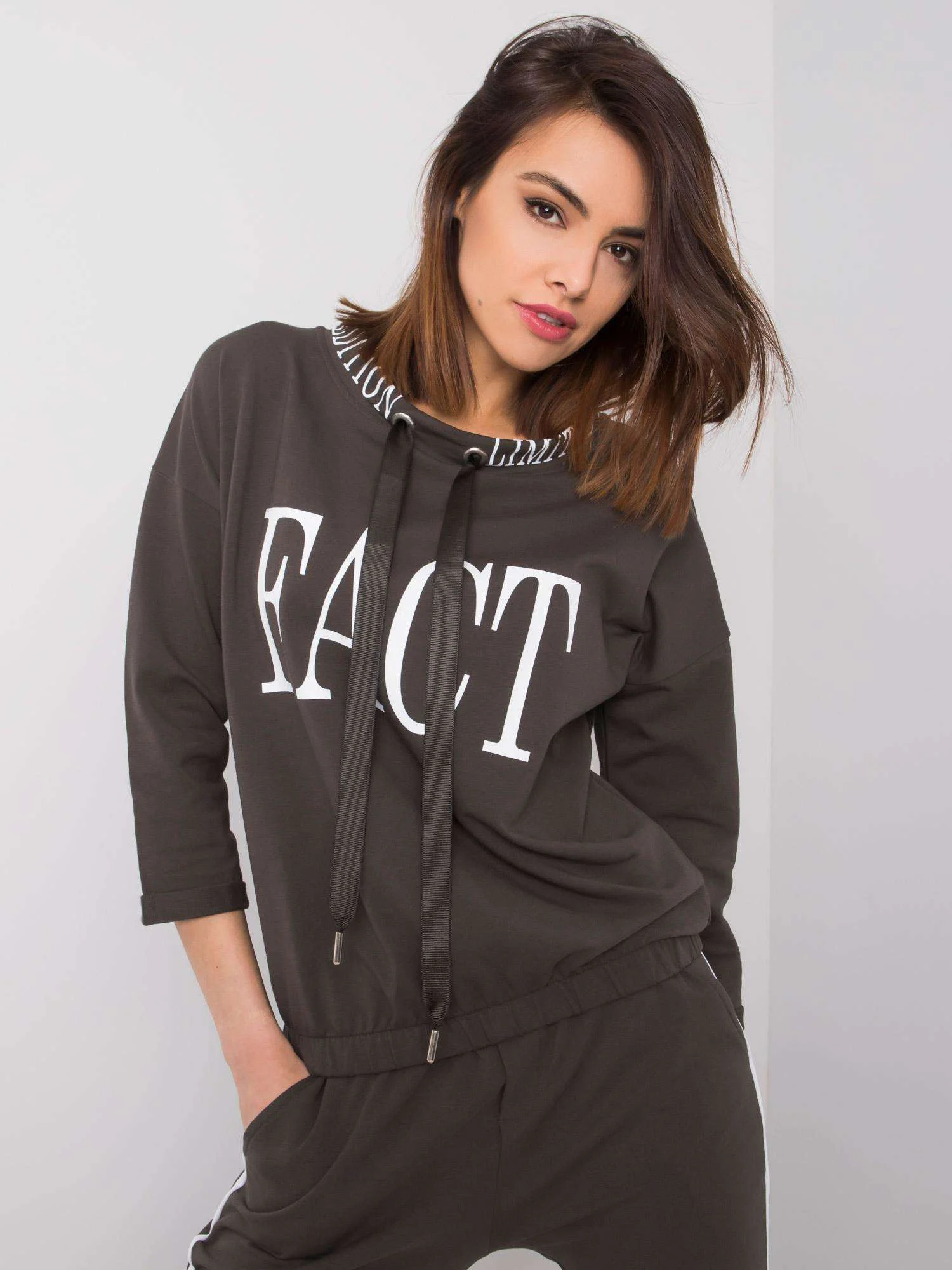 Compleu Dama Maneca 3/4, Imprimat, RELEVANCE, Khaki - imagine 3