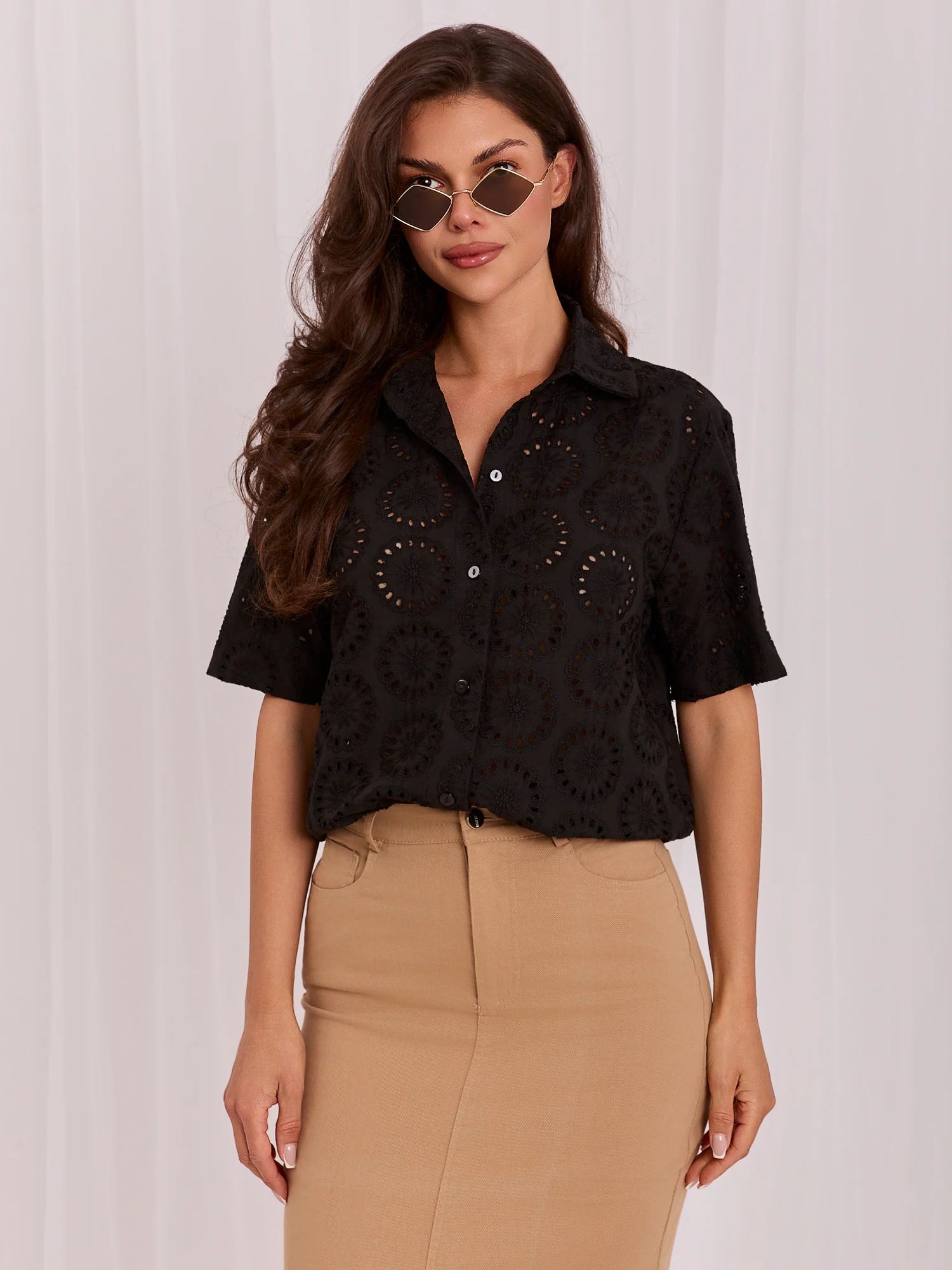 Camasa Dama Guler inalt, Bumbac, LAKERTA, Negru Casual - imagine 6