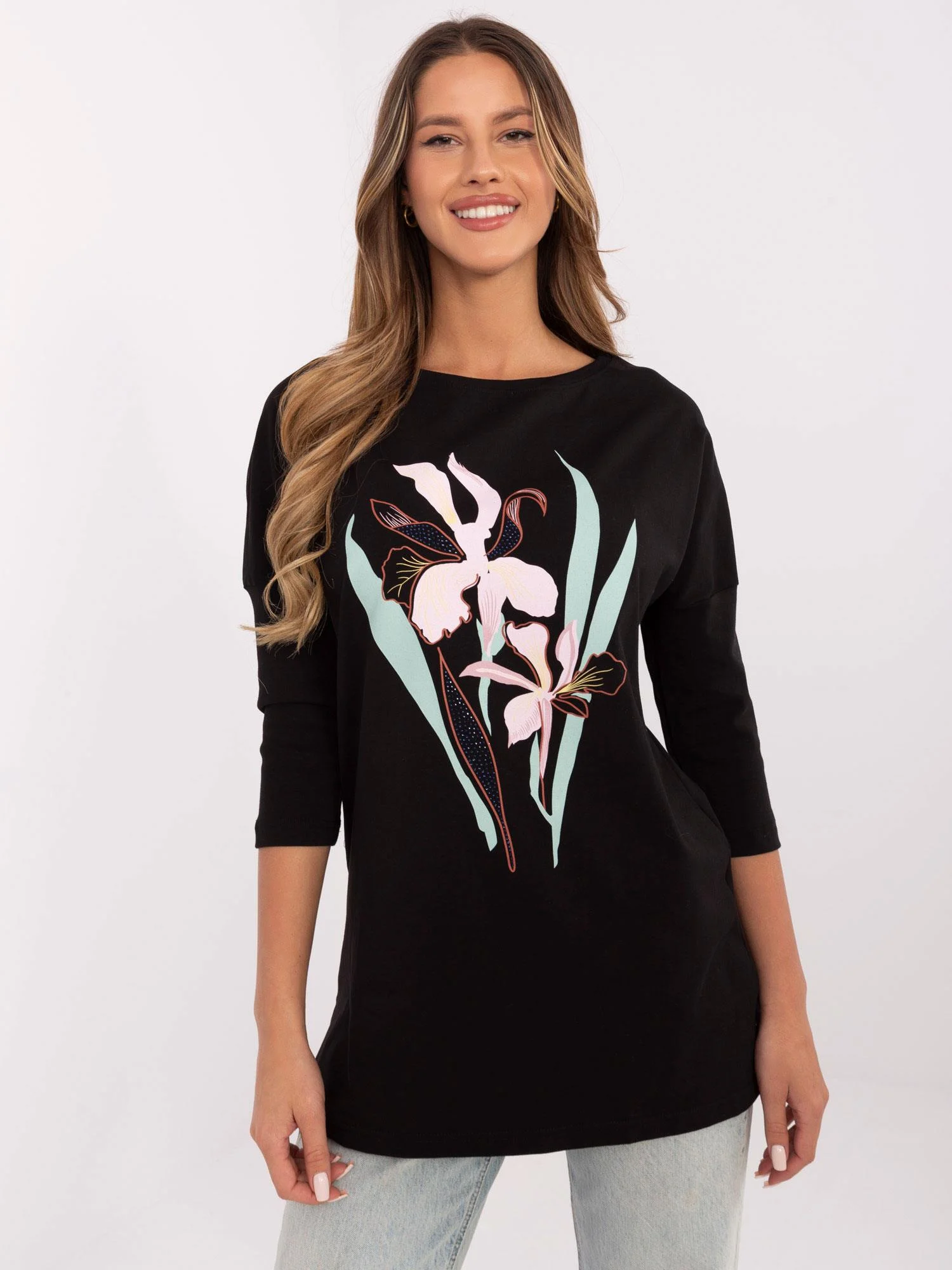 Bluza Dama Maneca 3/4, Floral, Calimera, Negru - imagine 2