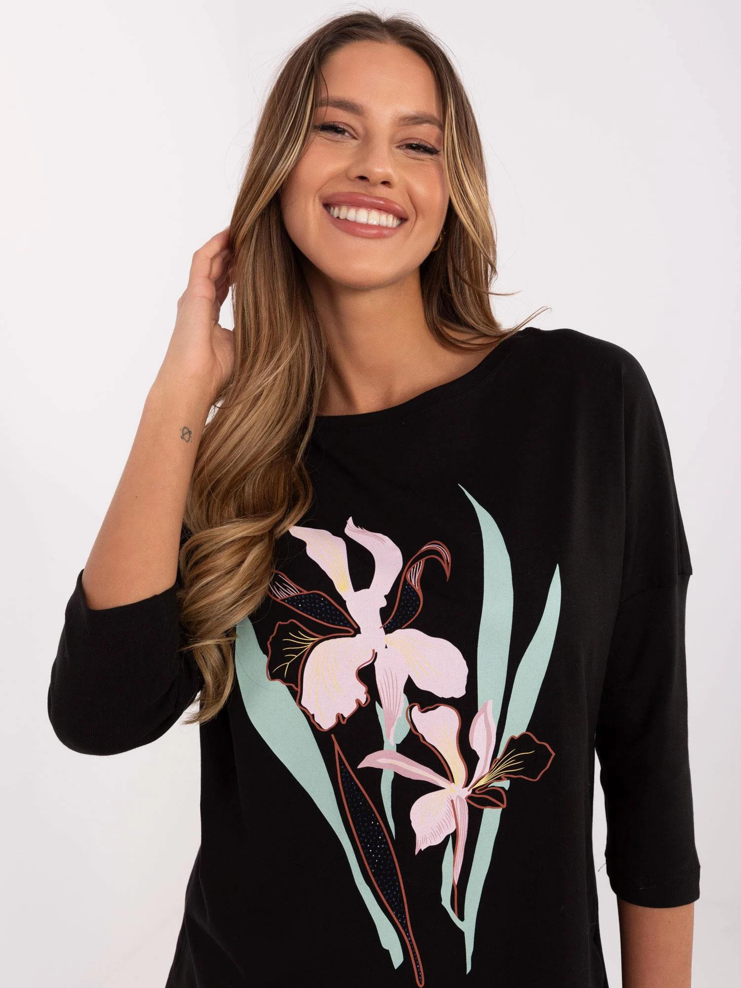 Bluza Dama Maneca 3/4, Floral, Calimera, Negru - imagine 5