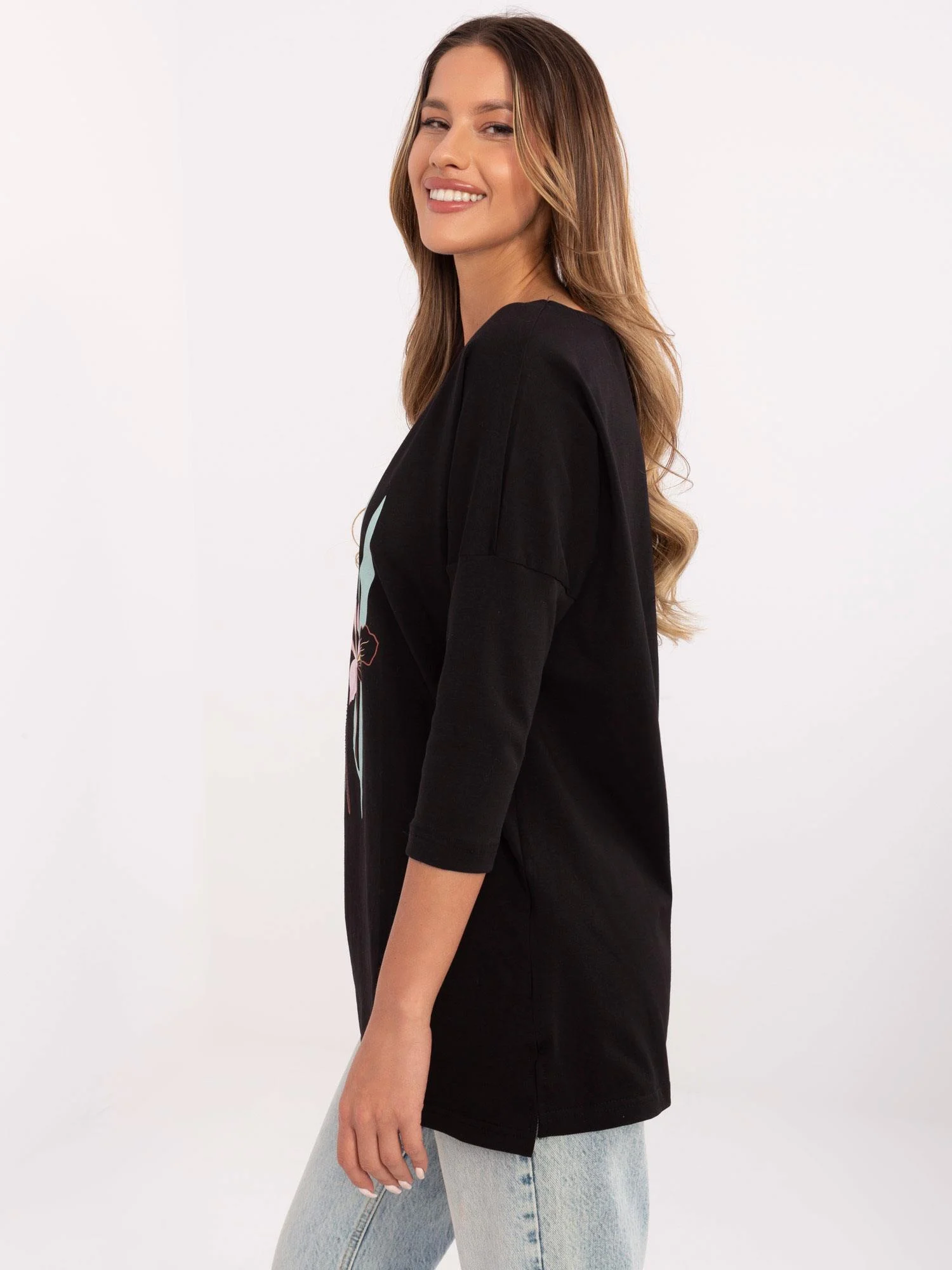 Bluza Dama Maneca 3/4, Floral, Calimera, Negru - imagine 3