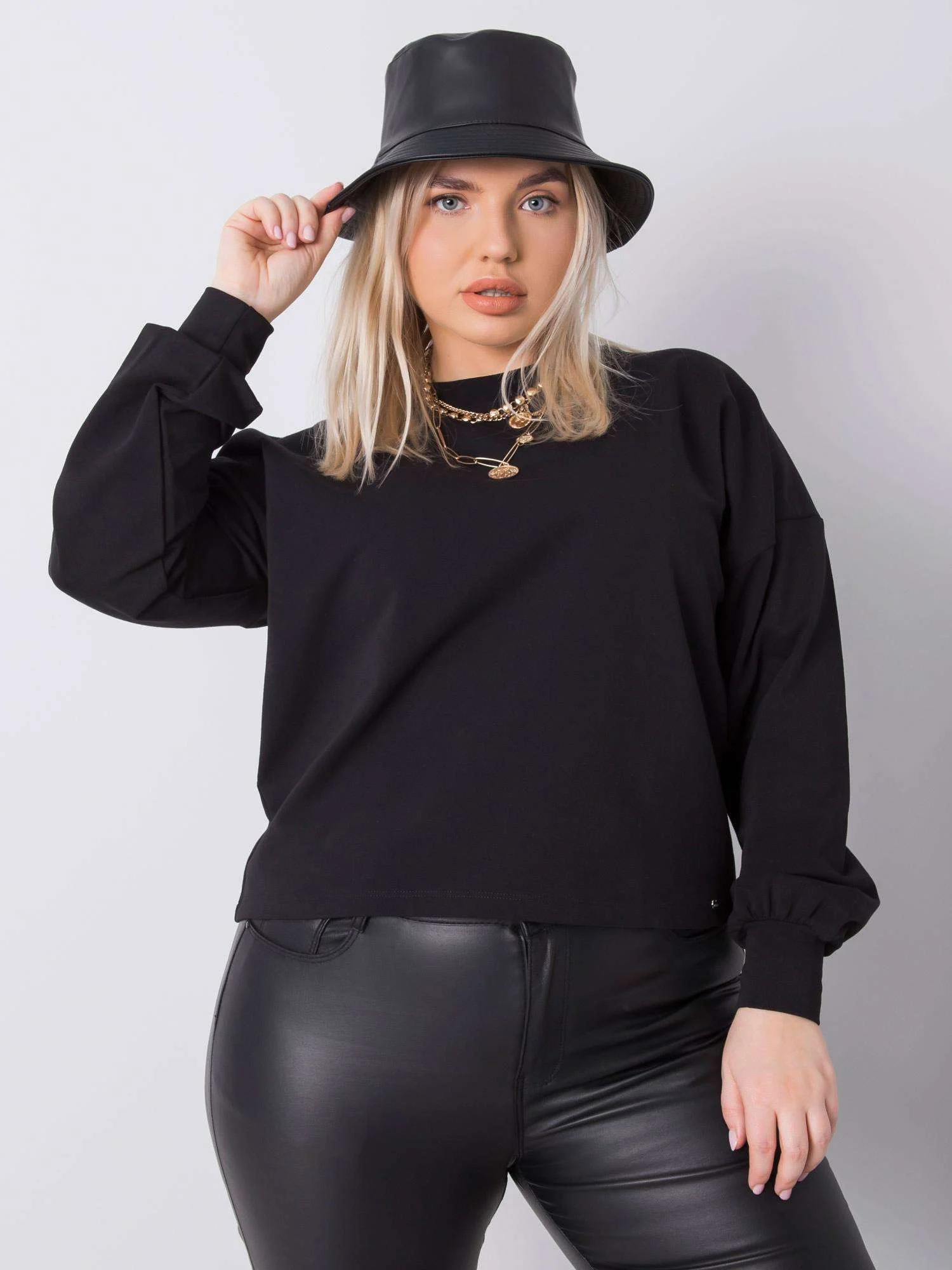 Hanorac Dama Maneca lunga, Decolteu rotund, BASIC FEEL GOOD, Negru Casual Marimi Mari - imagine 2