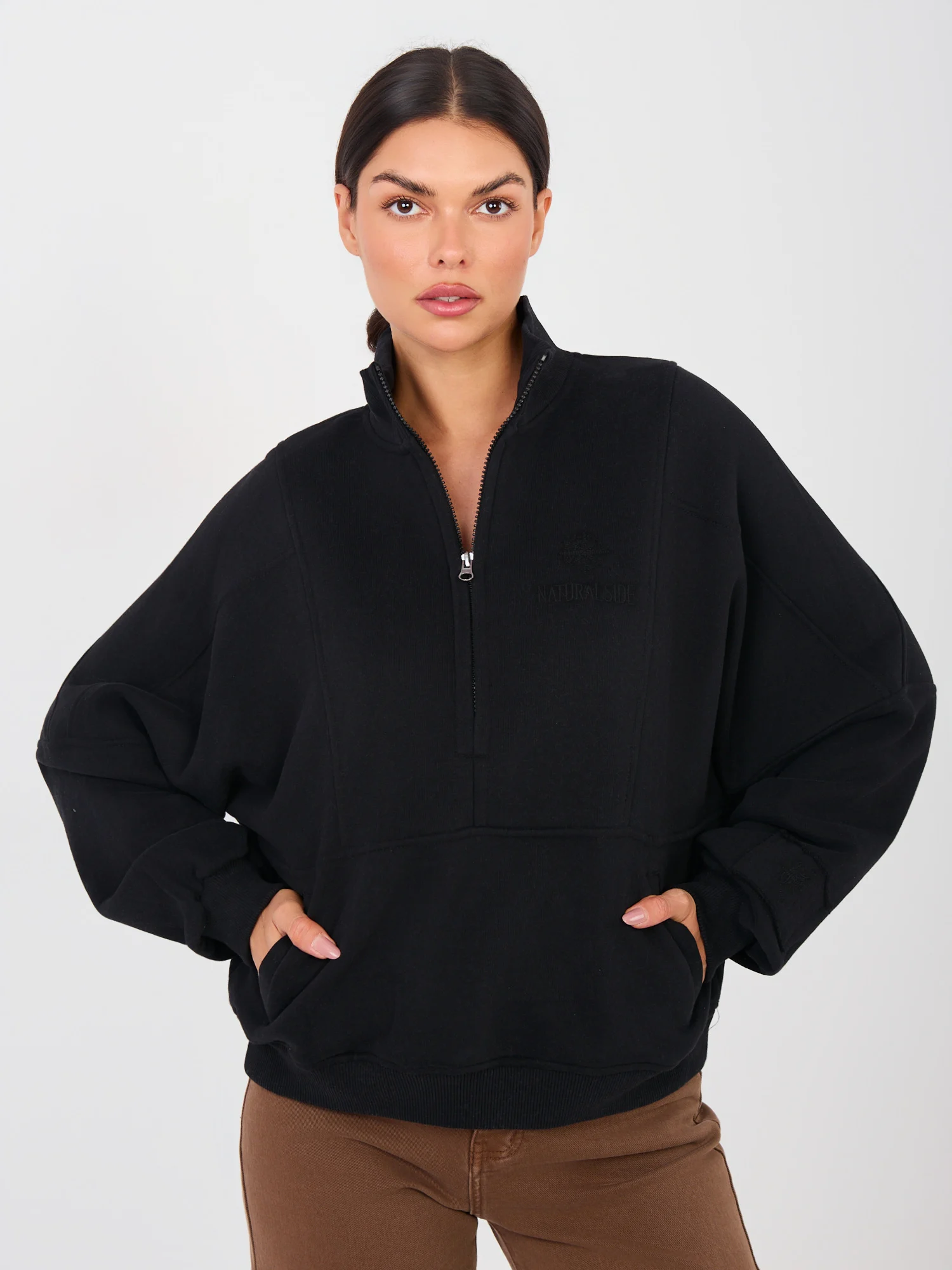 Hanorac Dama Maneca lunga, Decolteu guler tunica, NATURAL SIDE, Negru Casual - imagine 5