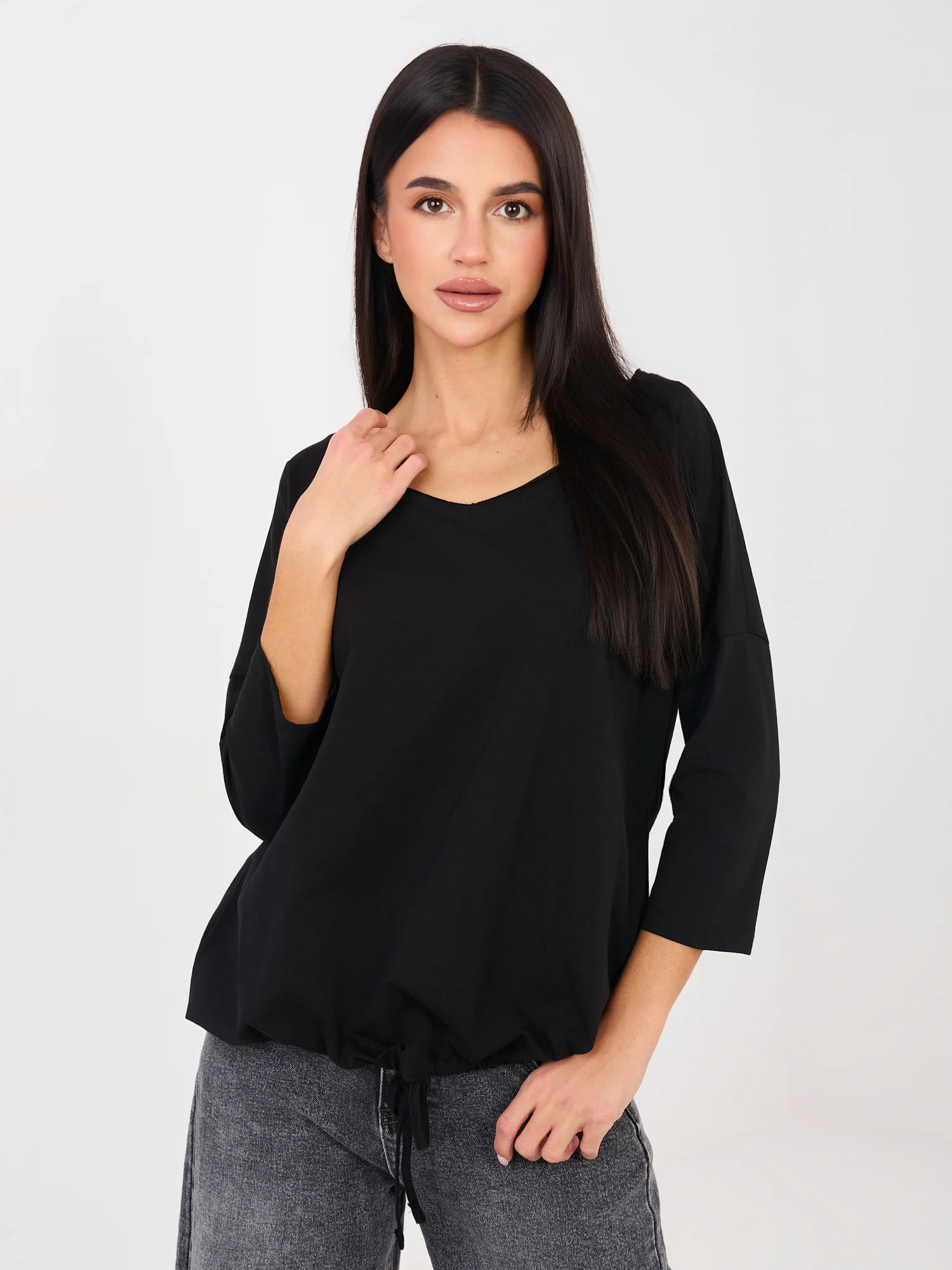 Bluza Dama Maneca 3/4, Decolteu rotund, RUE PARIS, Negru Casual - imagine 2