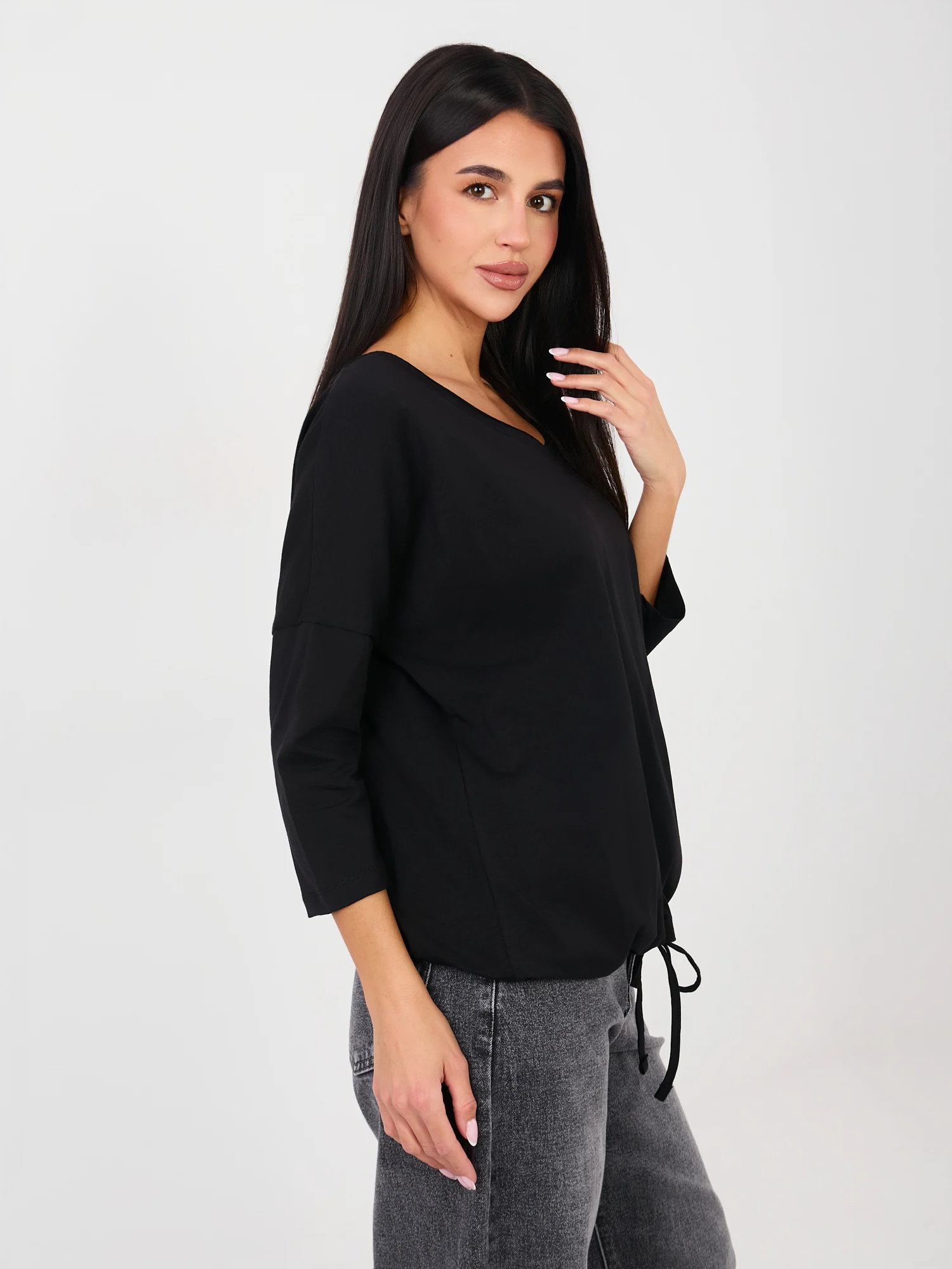 Bluza Dama Maneca 3/4, Decolteu rotund, RUE PARIS, Negru Casual - imagine 6
