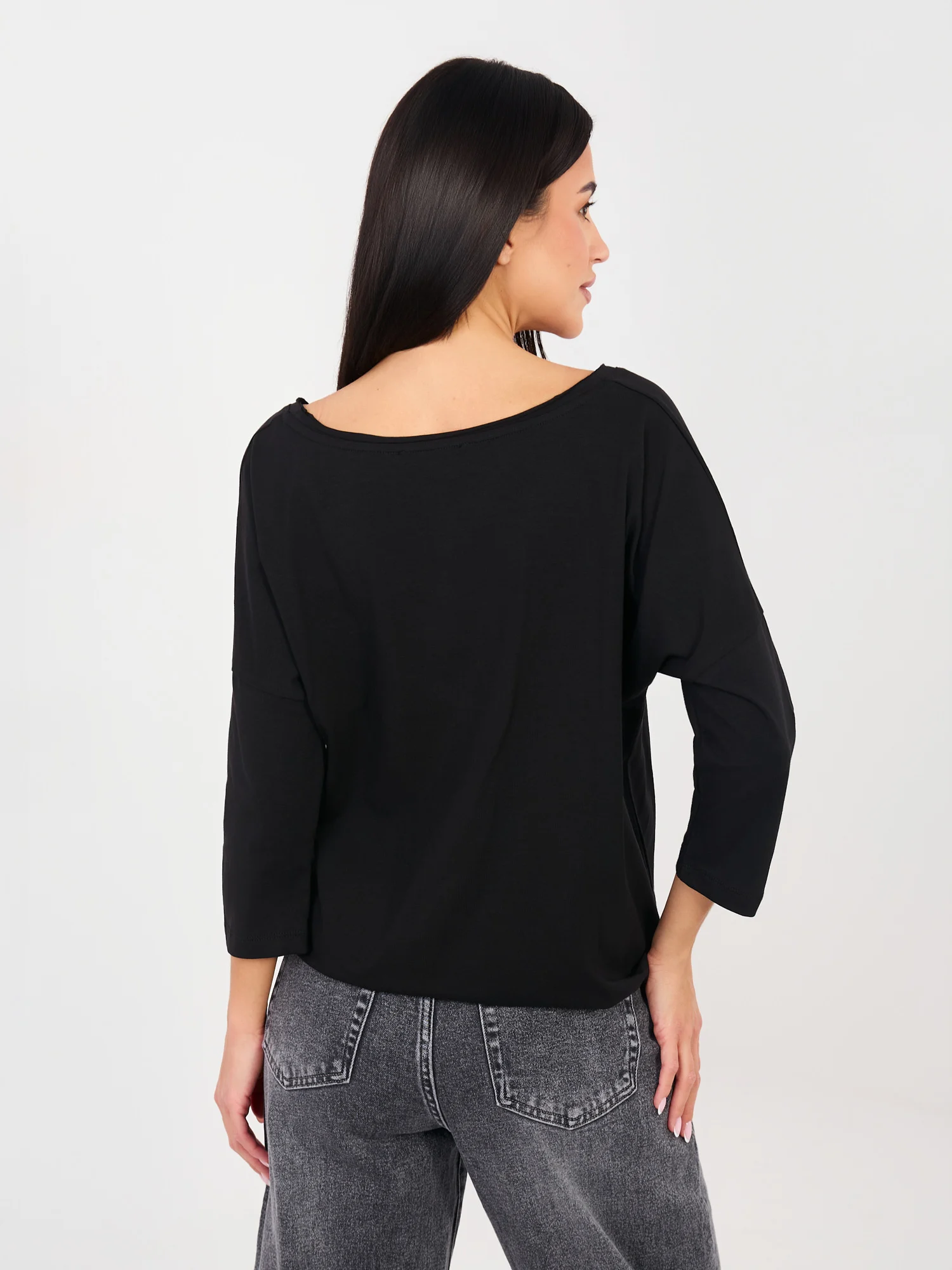 Bluza Dama Maneca 3/4, Decolteu rotund, RUE PARIS, Negru Casual - imagine 3