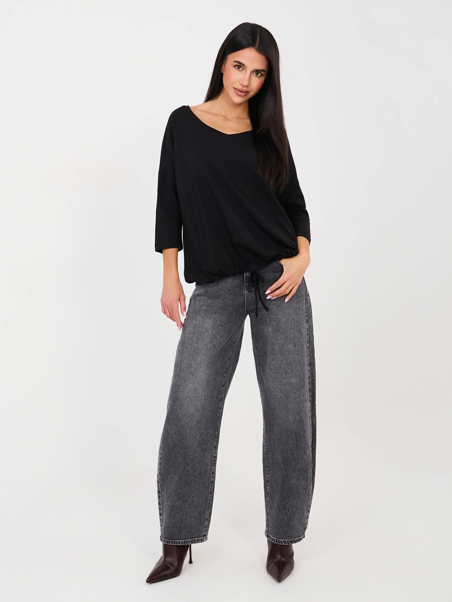 Bluza Dama Maneca 3/4, Decolteu rotund, RUE PARIS, Negru Casual - imagine 5