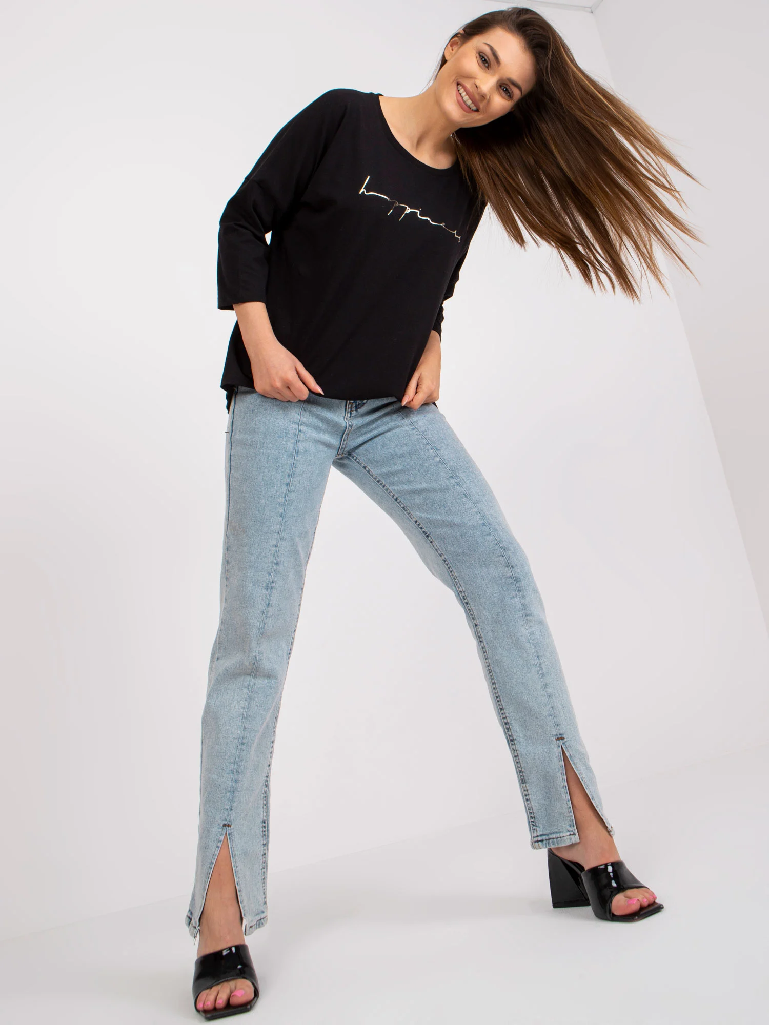 Bluza Dama Maneca 3/4, Decolteu rotund, RELEVANCE, Negru Eleganta Office - imagine 3