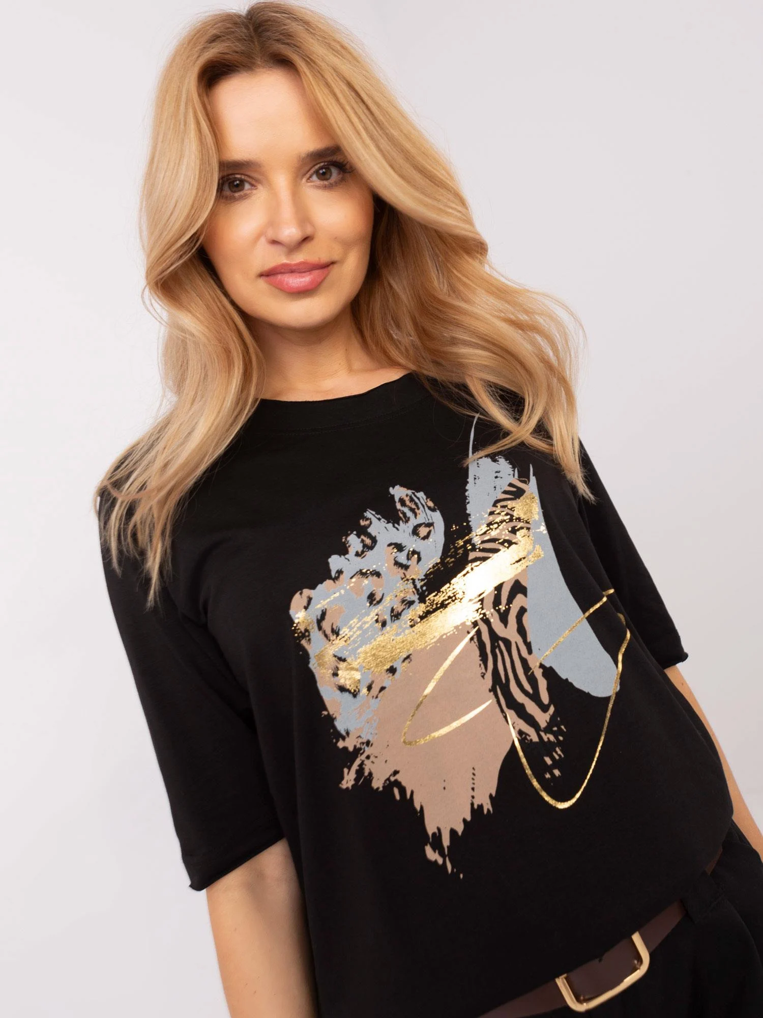 Bluza Dama Maneca 3/4, Animal print, Calimera, Negru - imagine 4