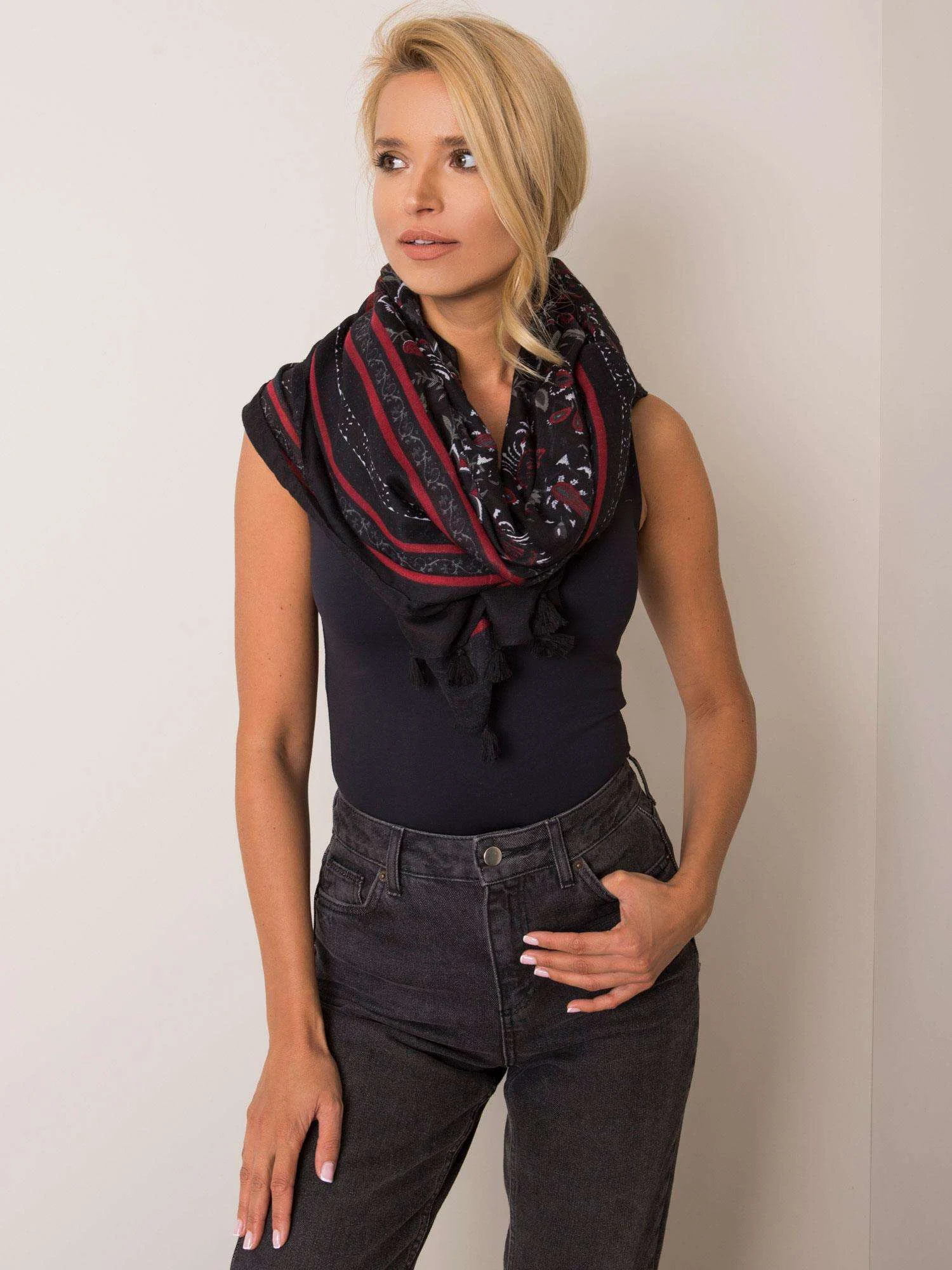 Bandana Dama Imprimat, Viscoza, Fashion Hunters, Negru - imagine 2