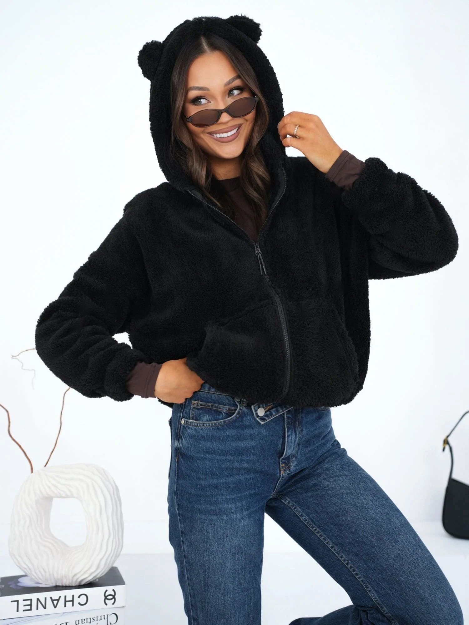 Hanorac Dama Maneca lunga, Decolteu cu gluga, BETIA, Negru Casual - imagine 4