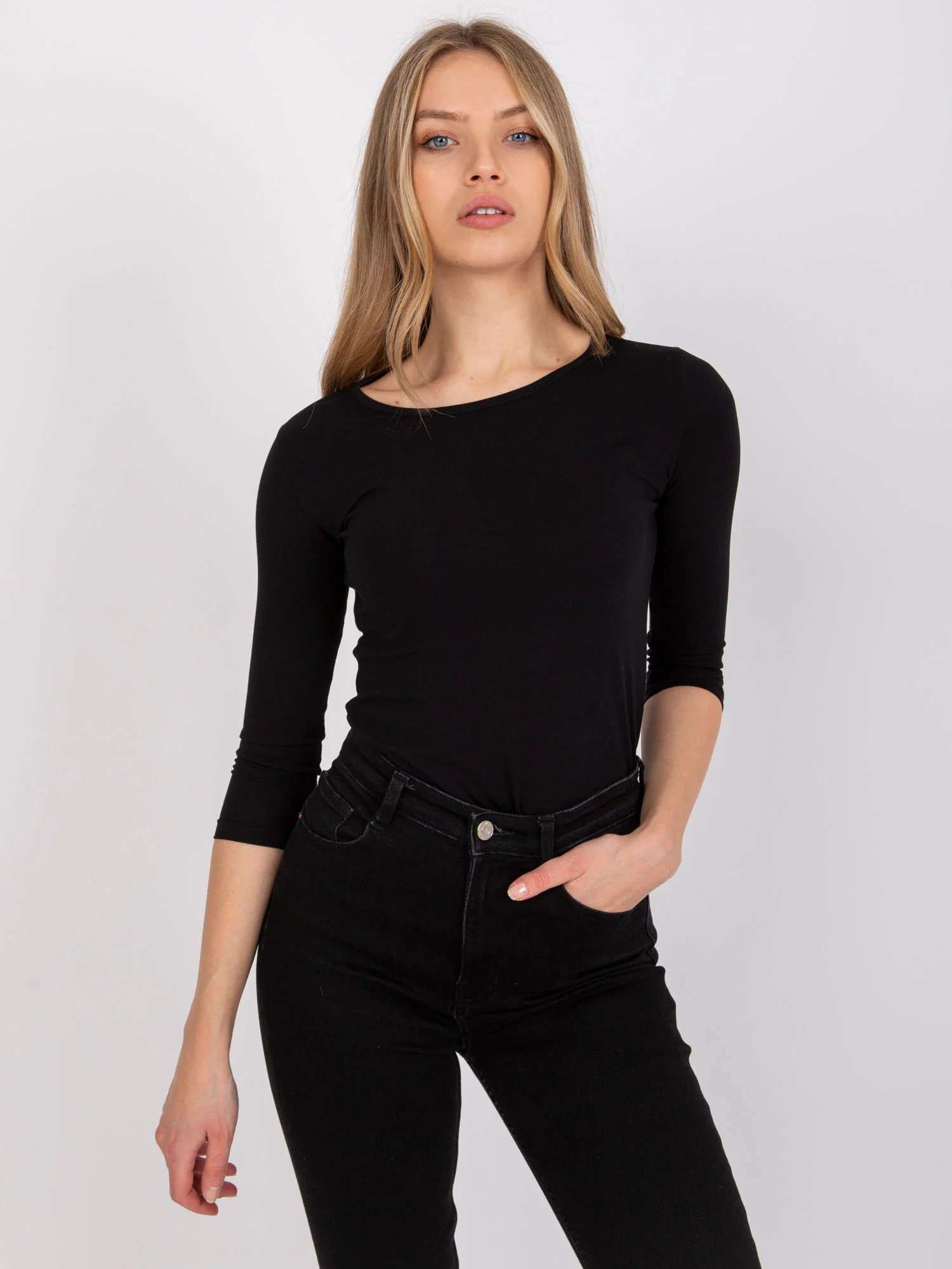 Bluza Dama Maneca 3/4, Decolteu rotund, BASIC FEEL GOOD, Negru Eleganta Office - imagine 3