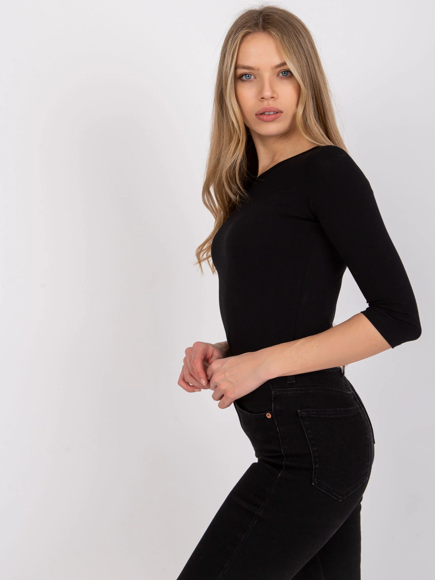 Bluza Dama Maneca 3/4, Decolteu rotund, BASIC FEEL GOOD, Negru Eleganta Office - imagine 5