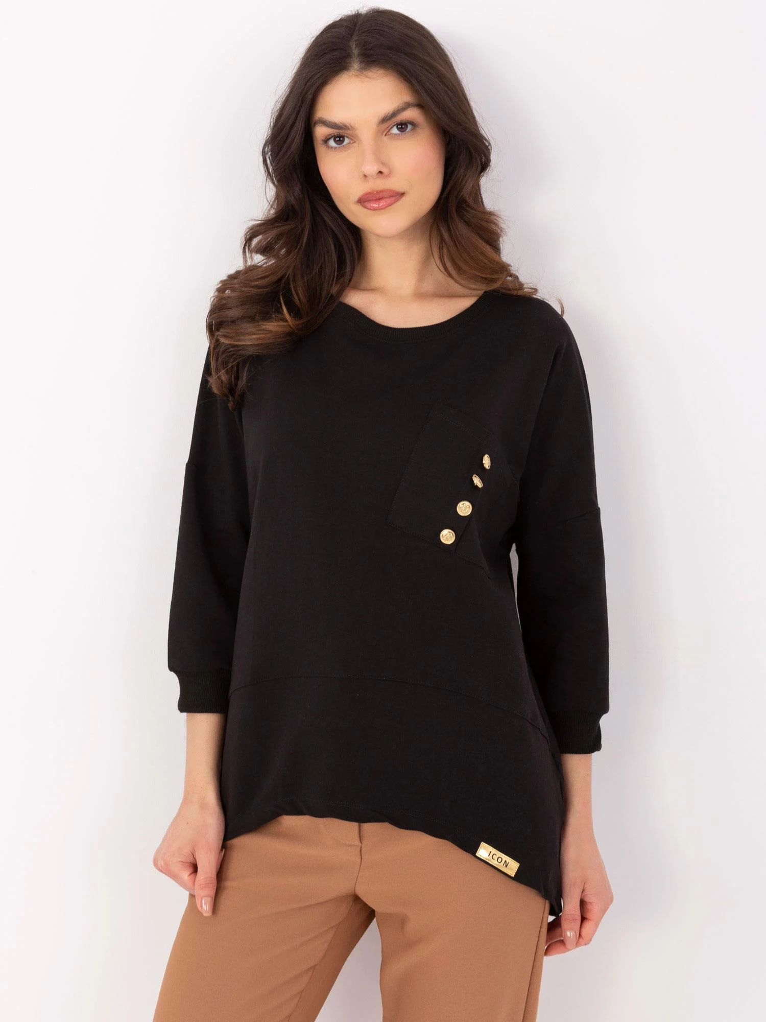 Bluza Dama Maneca 3/4, Decolteu rotund, Calimera, Negru - imagine 4
