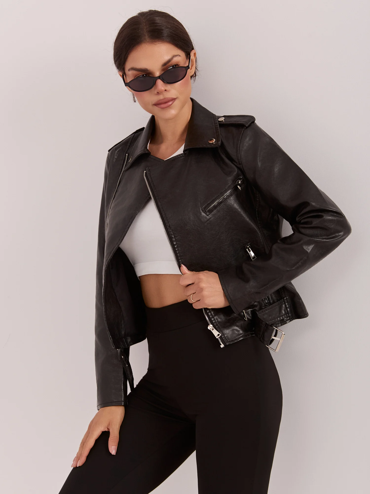Jacheta Dama Guler inalt, Poliuretan, ITALY MODA, Negru Eleganta Office - imagine 2