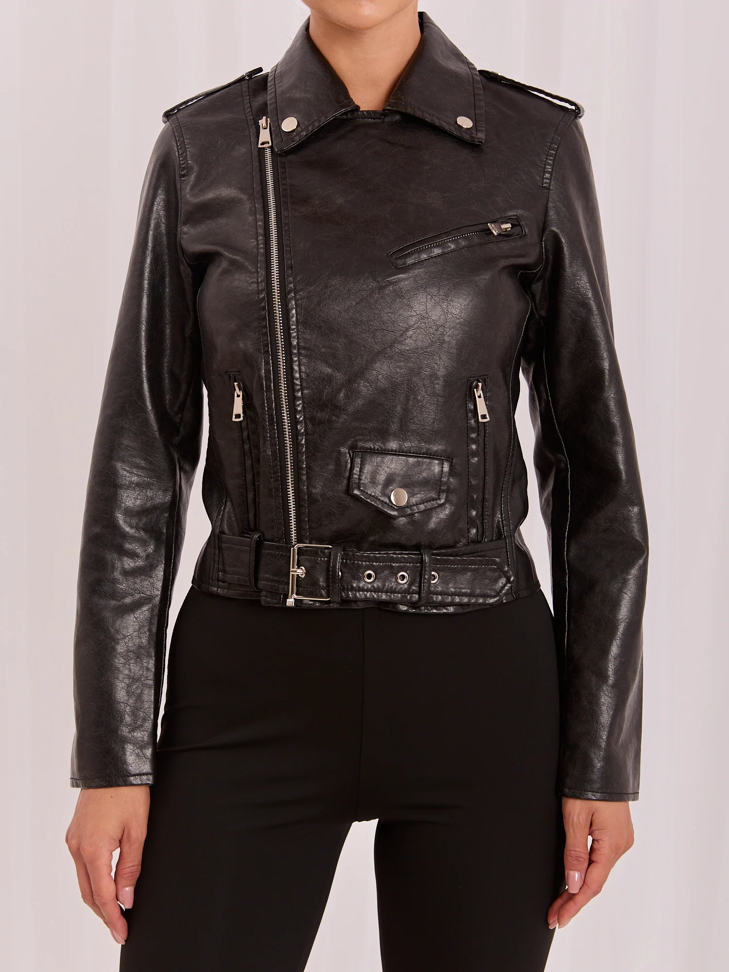 Jacheta Dama Guler inalt, Poliuretan, ITALY MODA, Negru Eleganta Office - imagine 6