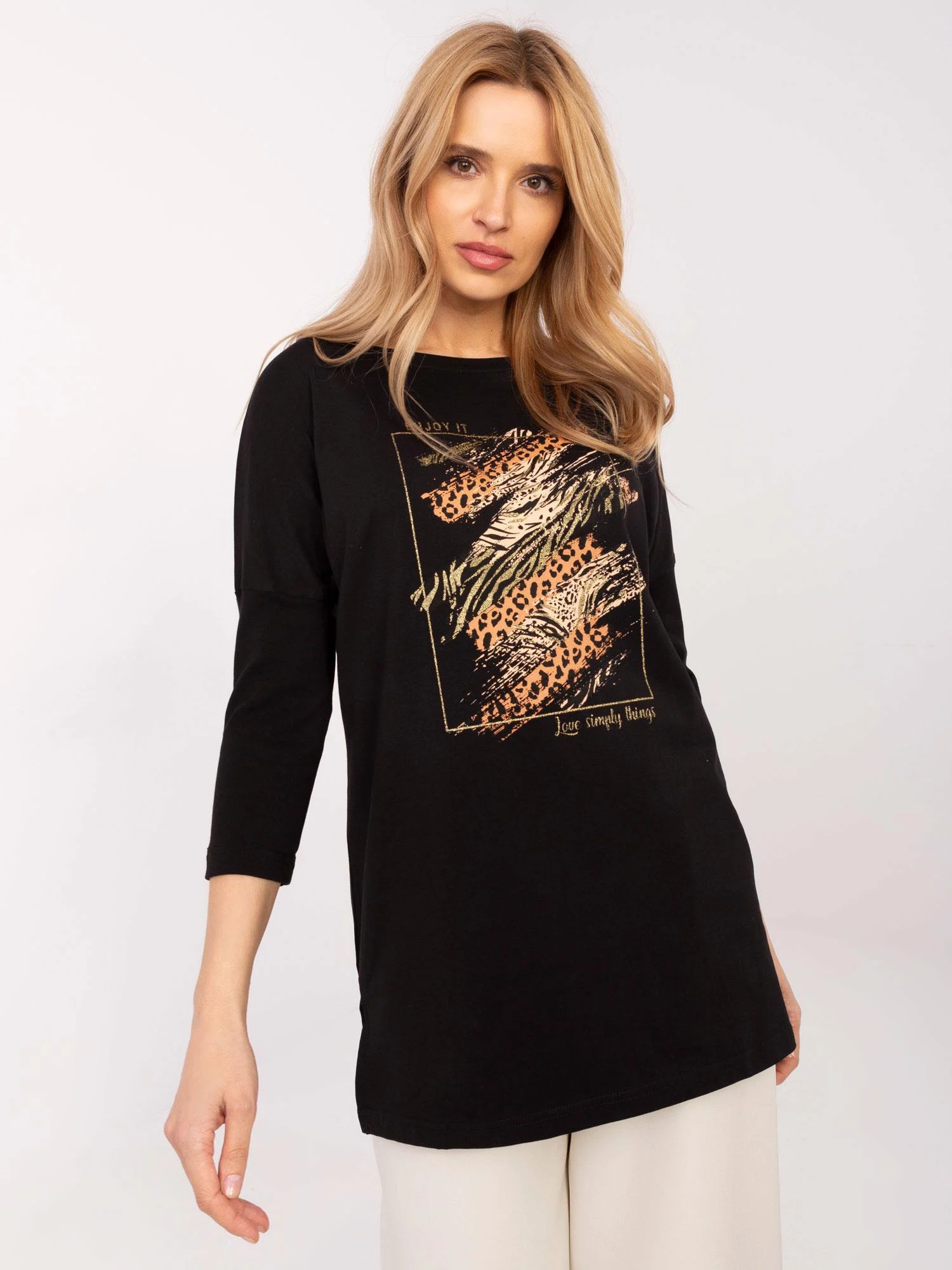 Bluza Dama Maneca 3/4, Animal print, Calimera, Negru - imagine 3