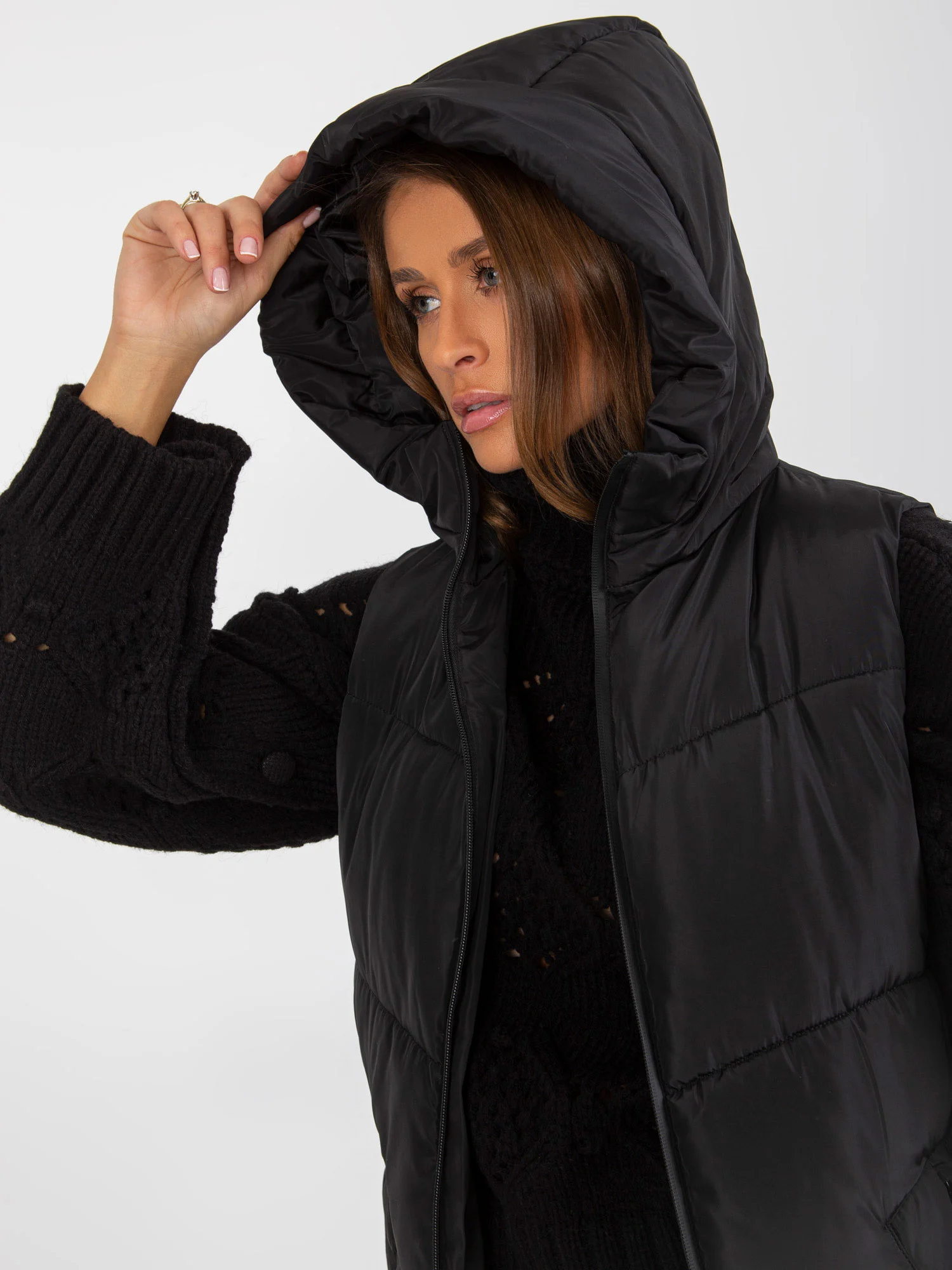 Vesta Dama Fara maneci, Guler inalt, MINORITY, Negru Casual Marimi Mari - imagine 2