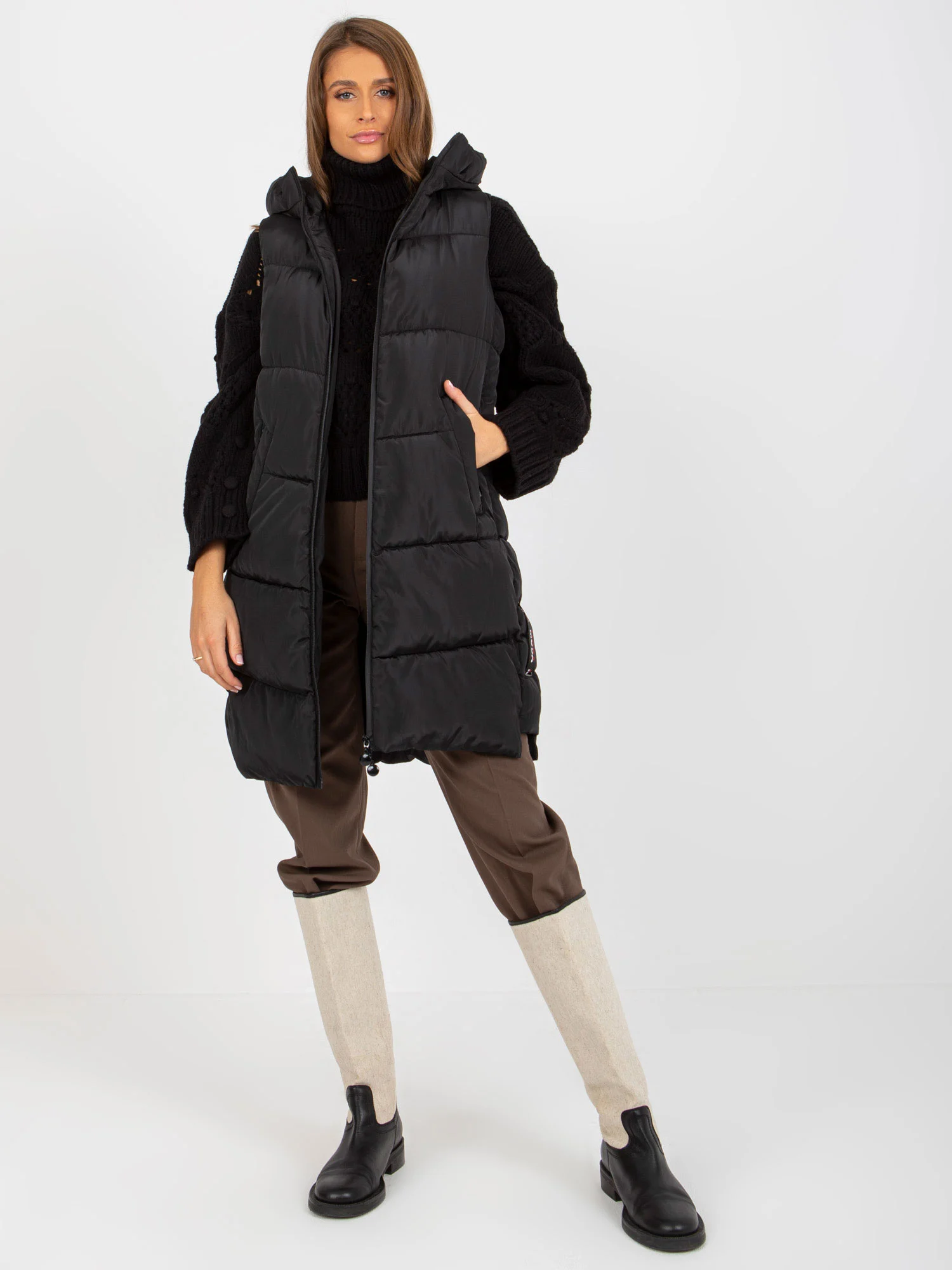 Vesta Dama Fara maneci, Guler inalt, MINORITY, Negru Casual Marimi Mari - imagine 4