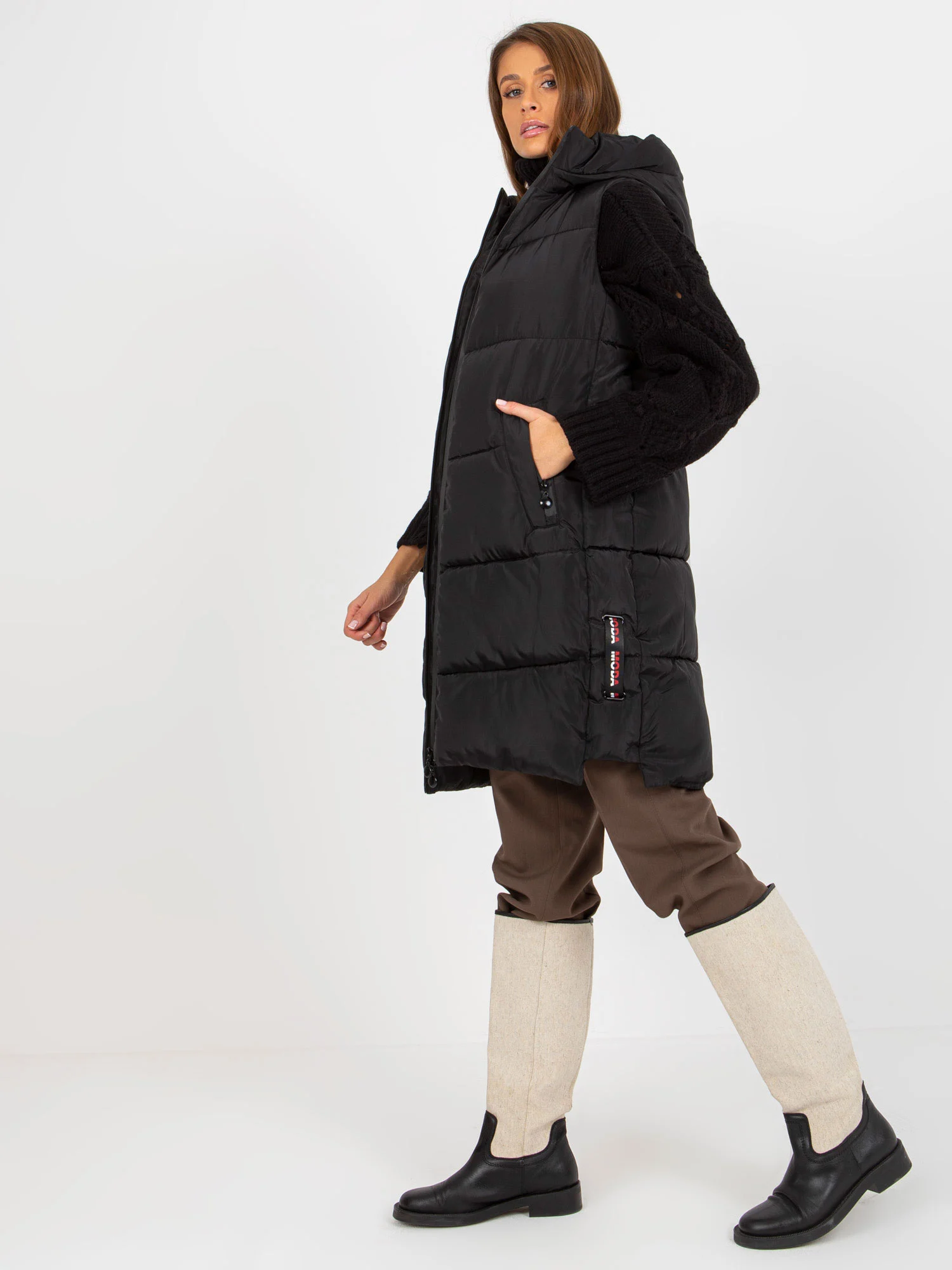 Vesta Dama Fara maneci, Guler inalt, MINORITY, Negru Casual Marimi Mari - imagine 3