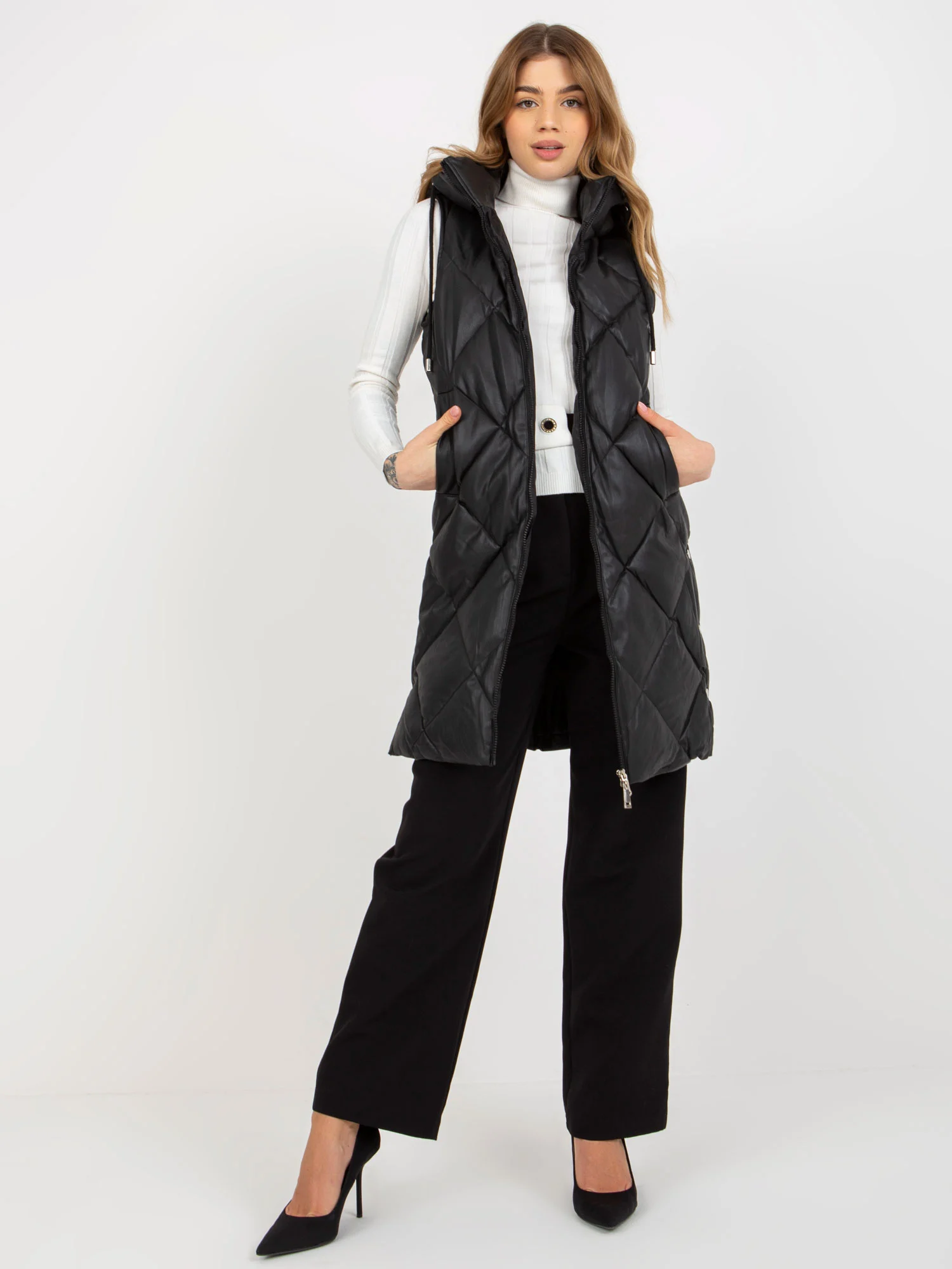 Vesta Dama Fara maneci, Guler inalt, Honey Winter, Negru Eleganta Office Marimi Mari - imagine 2