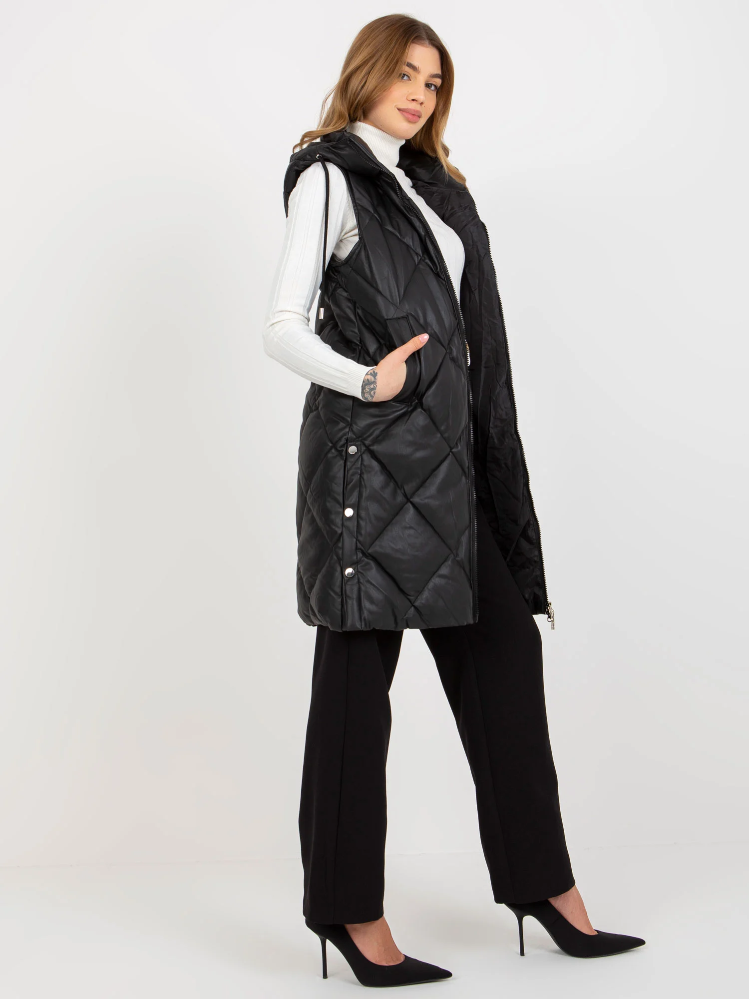 Vesta Dama Fara maneci, Guler inalt, Honey Winter, Negru Eleganta Office Marimi Mari - imagine 3
